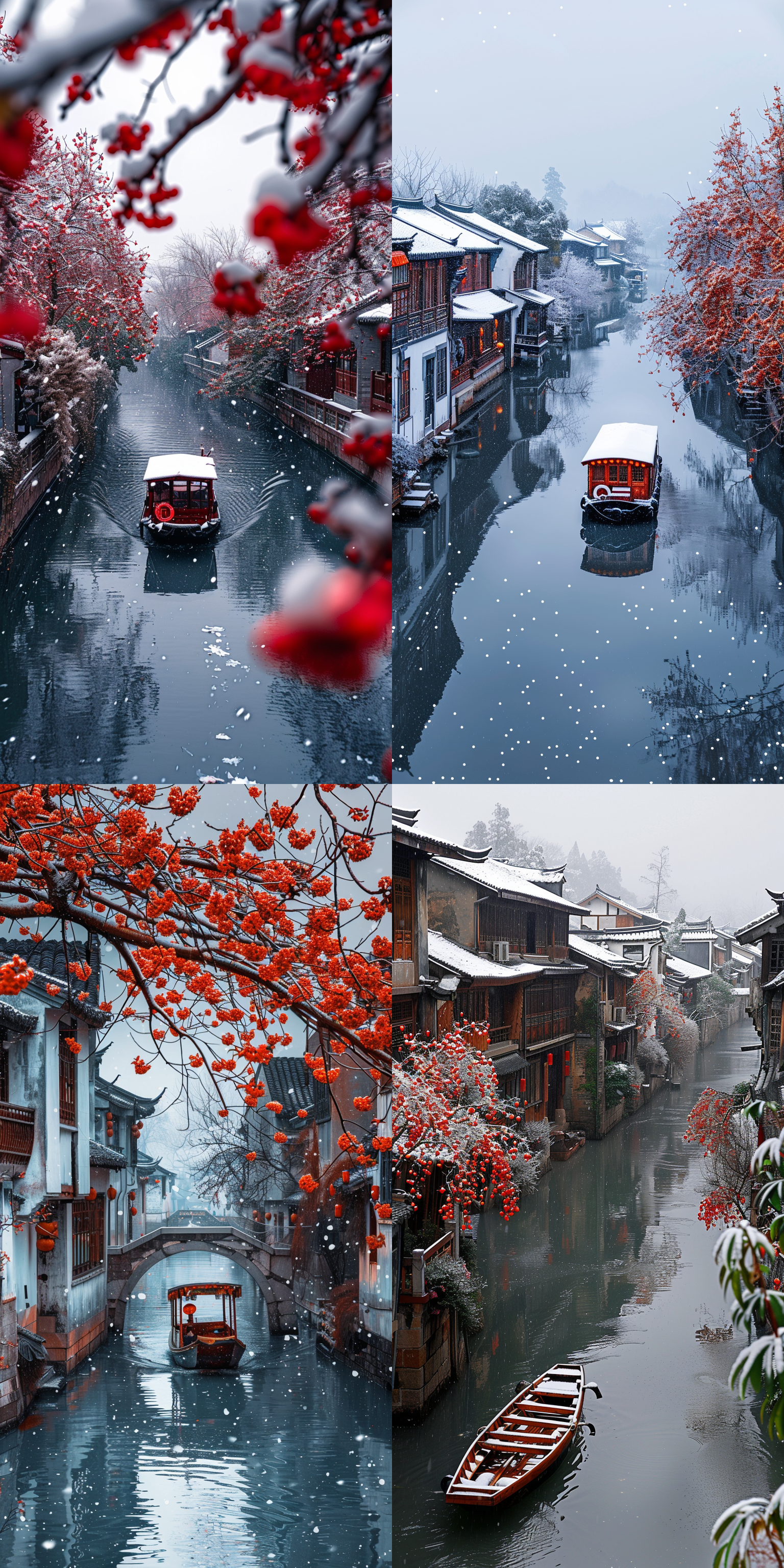 下雪后的中国乌镇江南水乡画面，一艘乌篷船在水面，河岸两边是房屋，两边种满红梅，桥上行人视角拍摄，冷色调，尼康，摄影，高清，特写镜头，自然光，静态，纯洁，宁静。