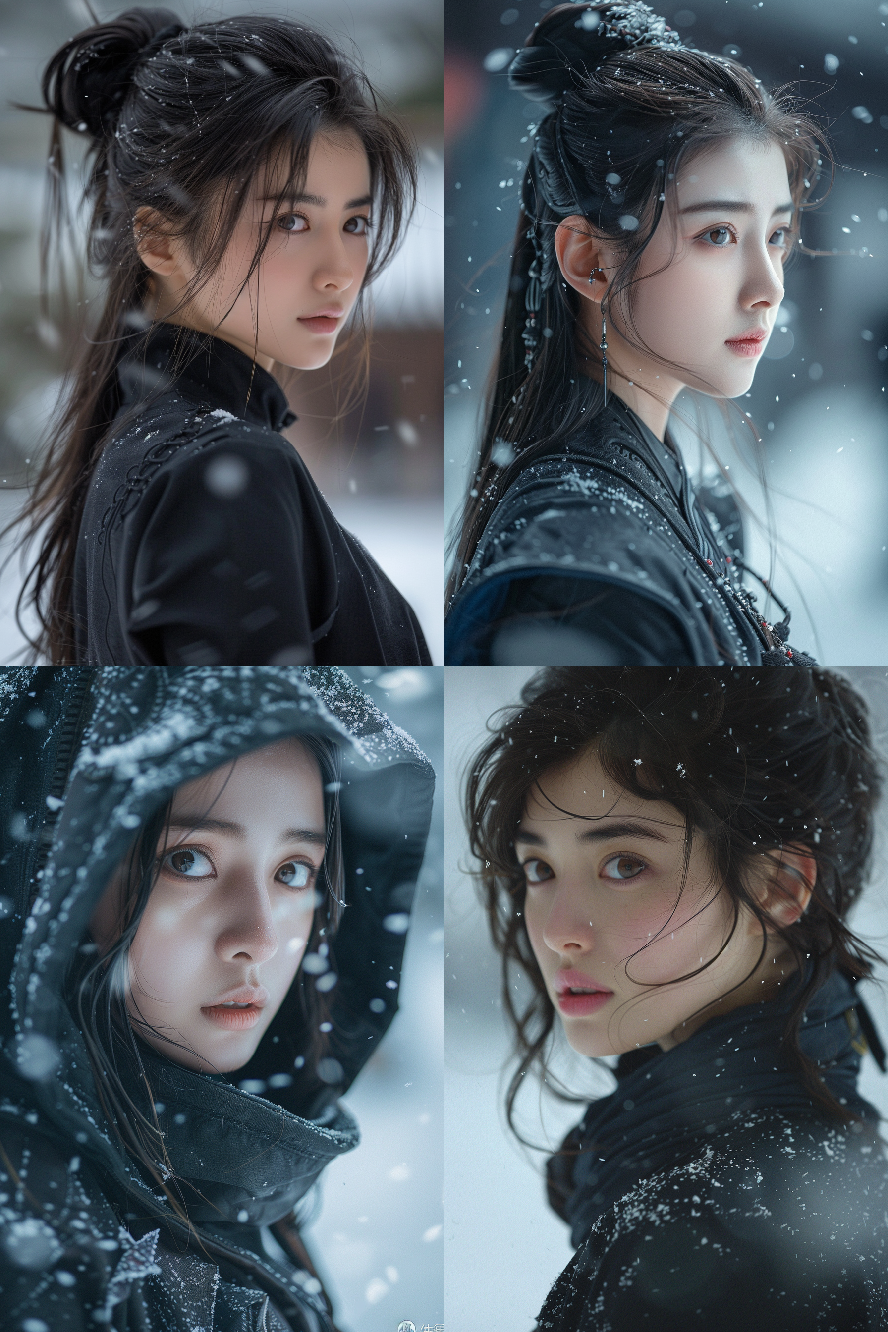 雪地里的中国古代女英雄，冰冷深邃的目光，目光坚定，苍白的肤色，绝美容颜，肤如凝脂，侧脸，极端的特写镜头，穿着中国古代北方蛮族的黑色服装，阿尔布雷希特·丢勒和古斯塔夫·多尔风格的高度细致的戏剧照明，受威廉·布莱克的影响，雪地背景，高对比度，冷色调，广角镜头，侧光，快速快门，坚定，紧张，戏剧性。