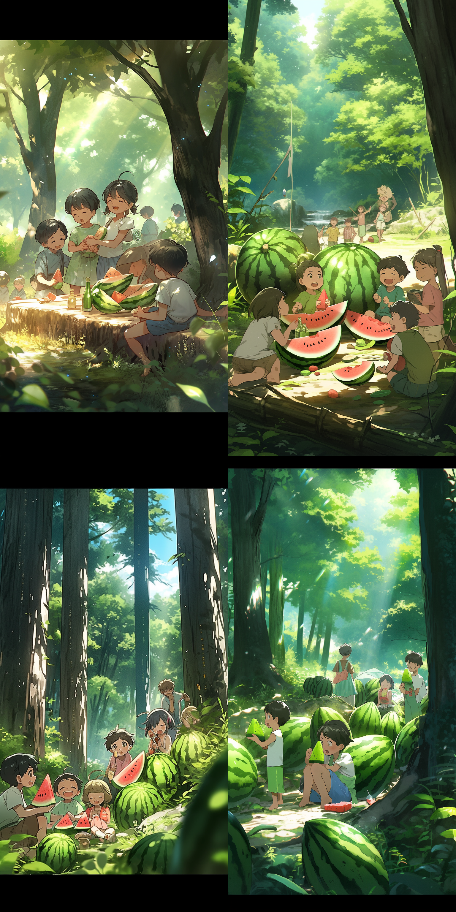 优美的风景，大自然的绿色，小孩吃西瓜，脸上洋溢笑容，欢乐氛围，夏日蝉鸣，大树荫下，宽广构图，柔和光线，自然环境，广角镜头，高饱和度，正面光，慢快门，宁静，清新，生机勃勃。 宫崎骏 森林 俯视 自然绿