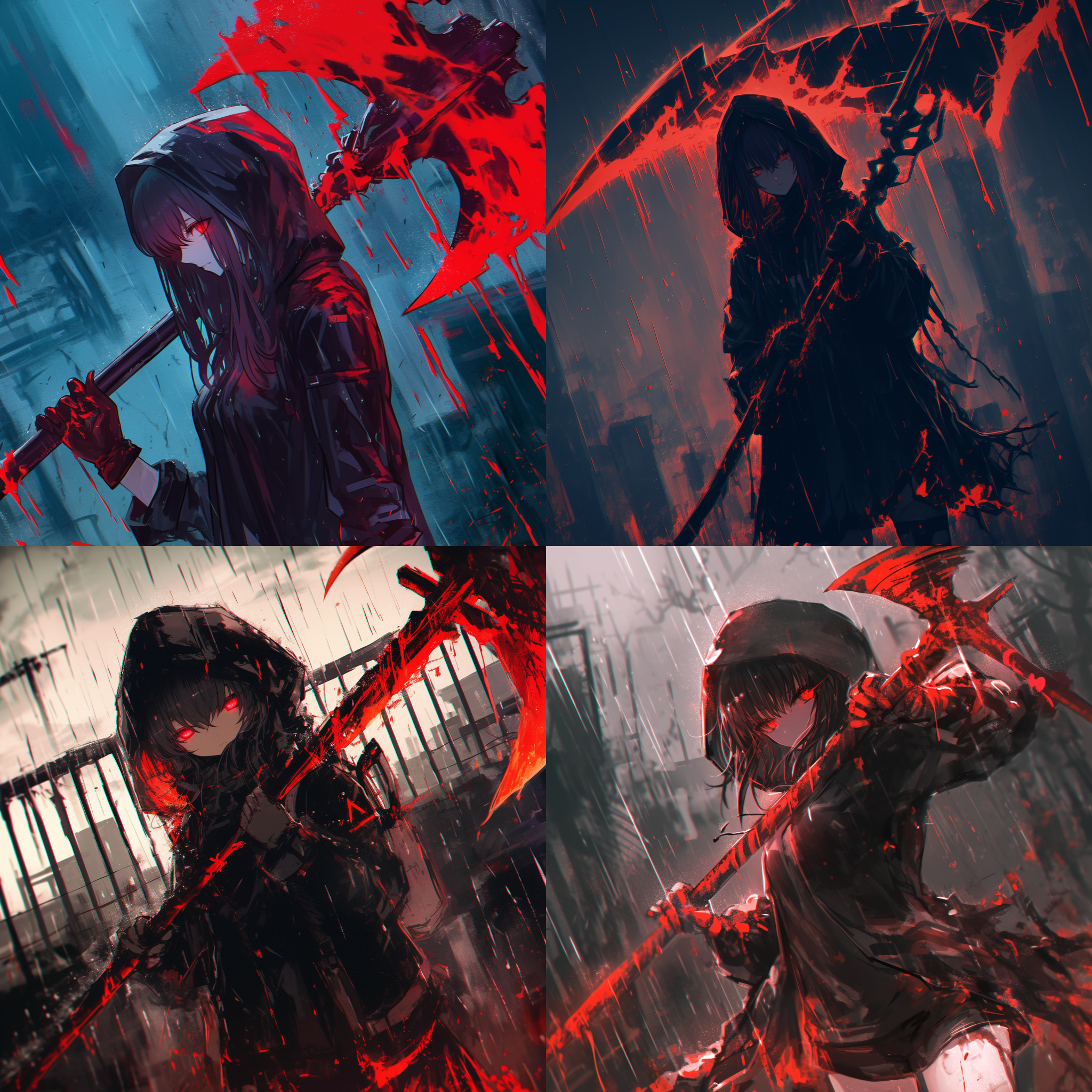 黑色连帽衫少女，雨中站立，红色雨水，湿发湿衣，冷酷眼神，坚定表情，神秘气息，巨斧手持，劈开阻碍，红色字体，视觉冲击，左上角，高对比度，阴暗环境，广角镜头，侧光，动态模糊，紧张氛围，神秘感。