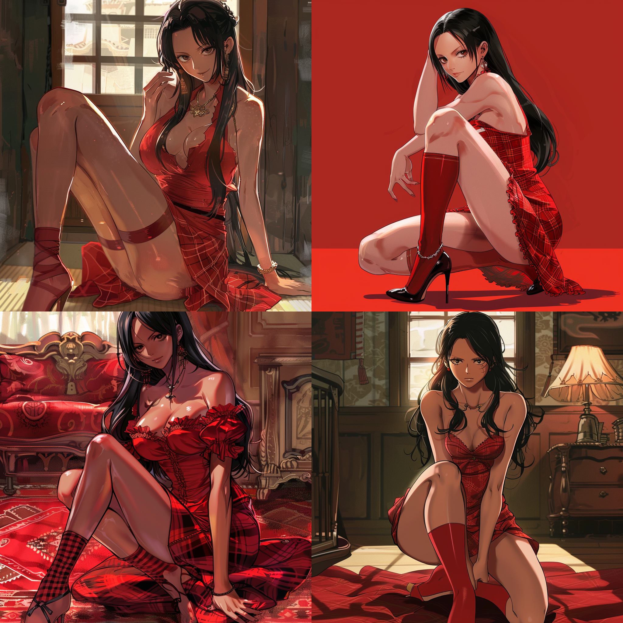 海贼王女帝波雅汉库克，红色旗袍，半蹲姿势，过膝袜，抱膝，单腿伸展，红格子短裙，高跟鞋，超细节，优雅气质，艺术感，8k分辨率，眼神呆滞，构图精致，红色主调，室内环境，长焦镜头，柔和光线，静态捕捉，细腻表情，高贵氛围。