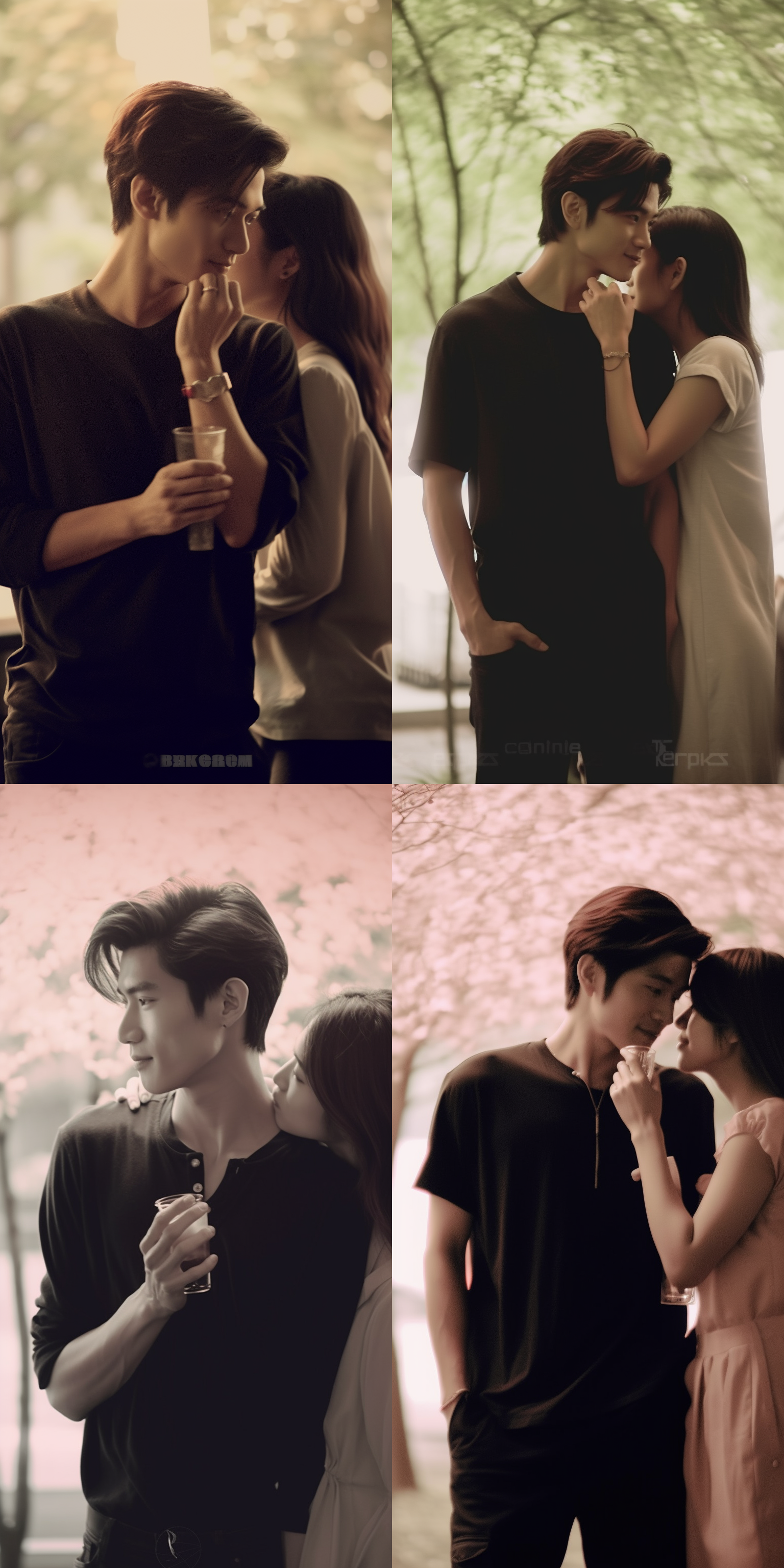 喜欢你没道理，情侣相拥，甜蜜微笑，公园背景，浪漫风格，长焦镜头，柔和光线，慢快门，亲吻，温馨，粉色调，幸福。