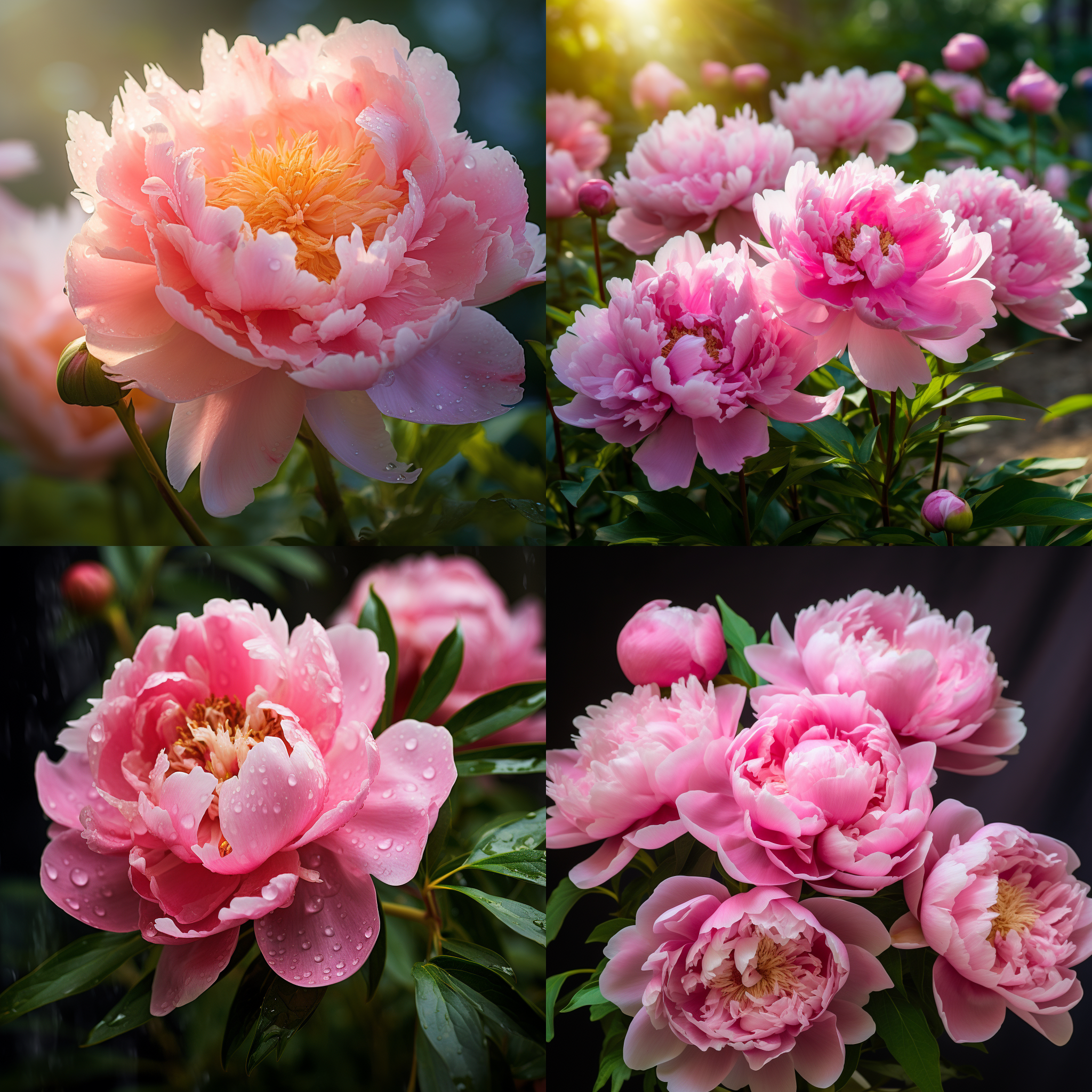 牡丹花盛开，花瓣丰满，色彩鲜艳，花园中，自然光，微距镜头，柔和光线，静态，优雅，粉红色，生机。