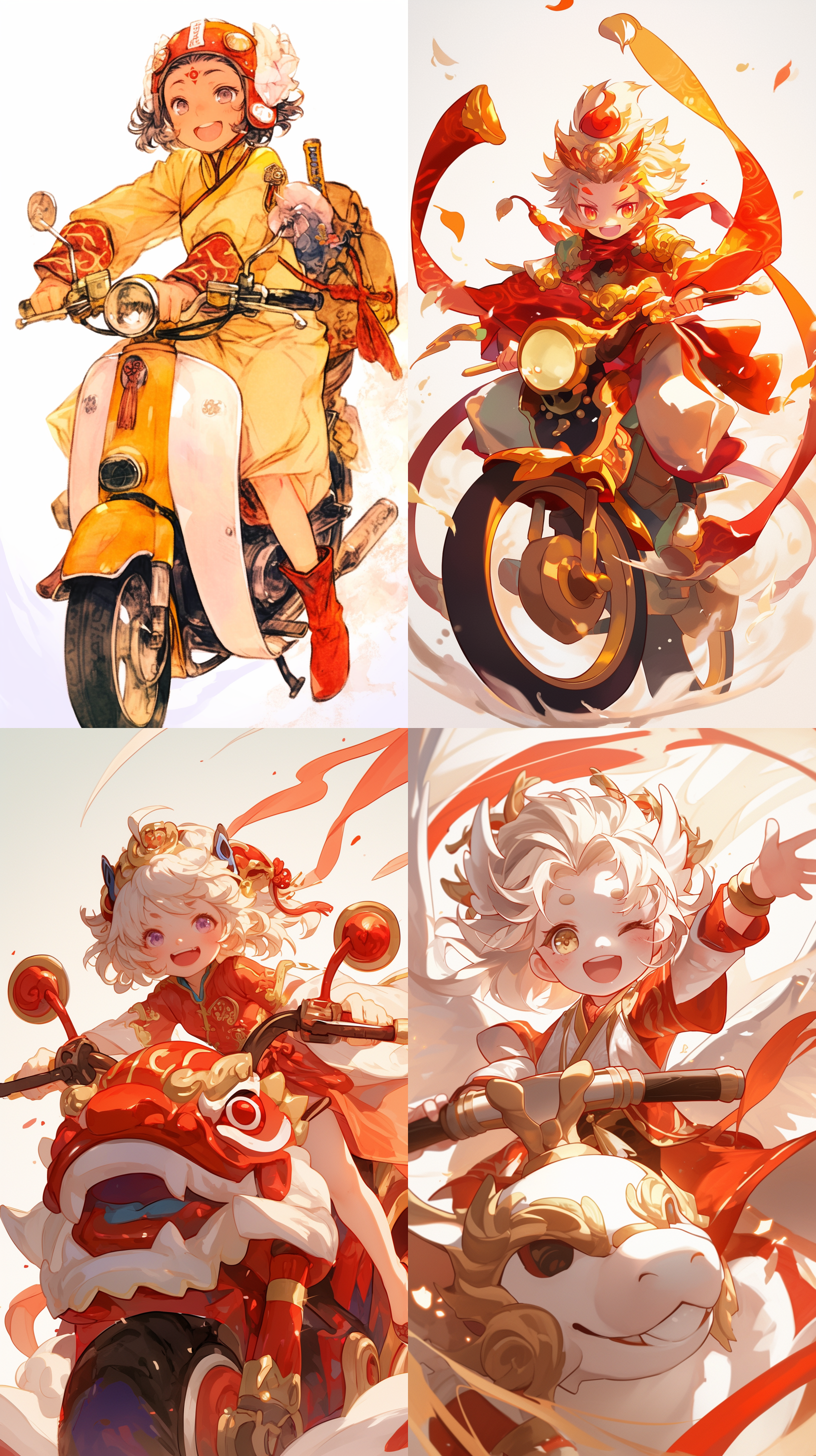 可爱的卡通形象的神，短发，传统中国服饰，开心笑容，骑摩托车，白色背景，动漫风格，动态姿势，从左至右，广角镜头，高饱和色彩，柔和光线，卡通化表情，动作延伸感。