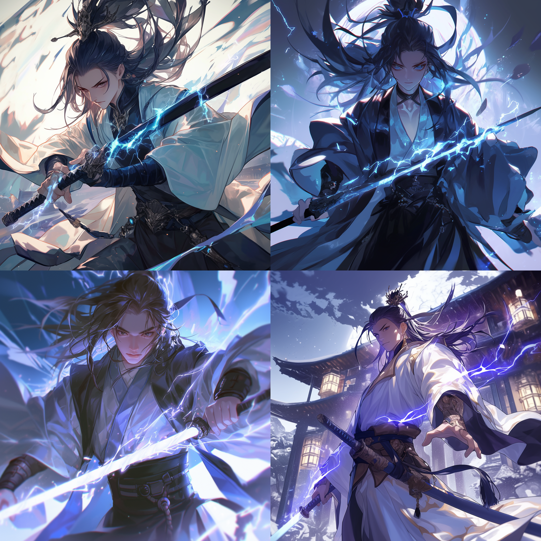 修士汉服，正面视角，宗门大门，黑剑带电，目光坚定，帅气，高分辨率，细节丰富，广角镜头，自然光，动态模糊，神秘，力量感，深色调。