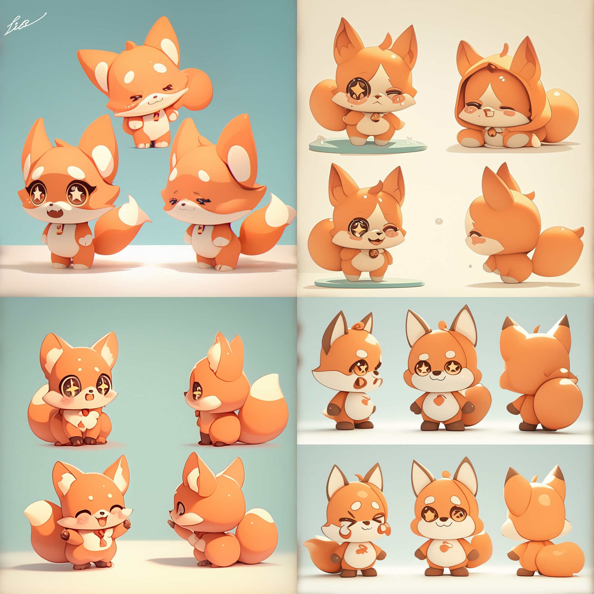 提夫尼蓝背景，落日橙色的狐狸，大脑袋，圆脸，脸上有腮红，圆眼睛，瞳孔是个五角星，长睫毛，咧着牙大笑，卷曲蓬松的尾巴，胖胖的狐狸，三视图，高饱和度，柔和光线，广角镜头，正面侧面背面，微笑，温暖，梦幻。