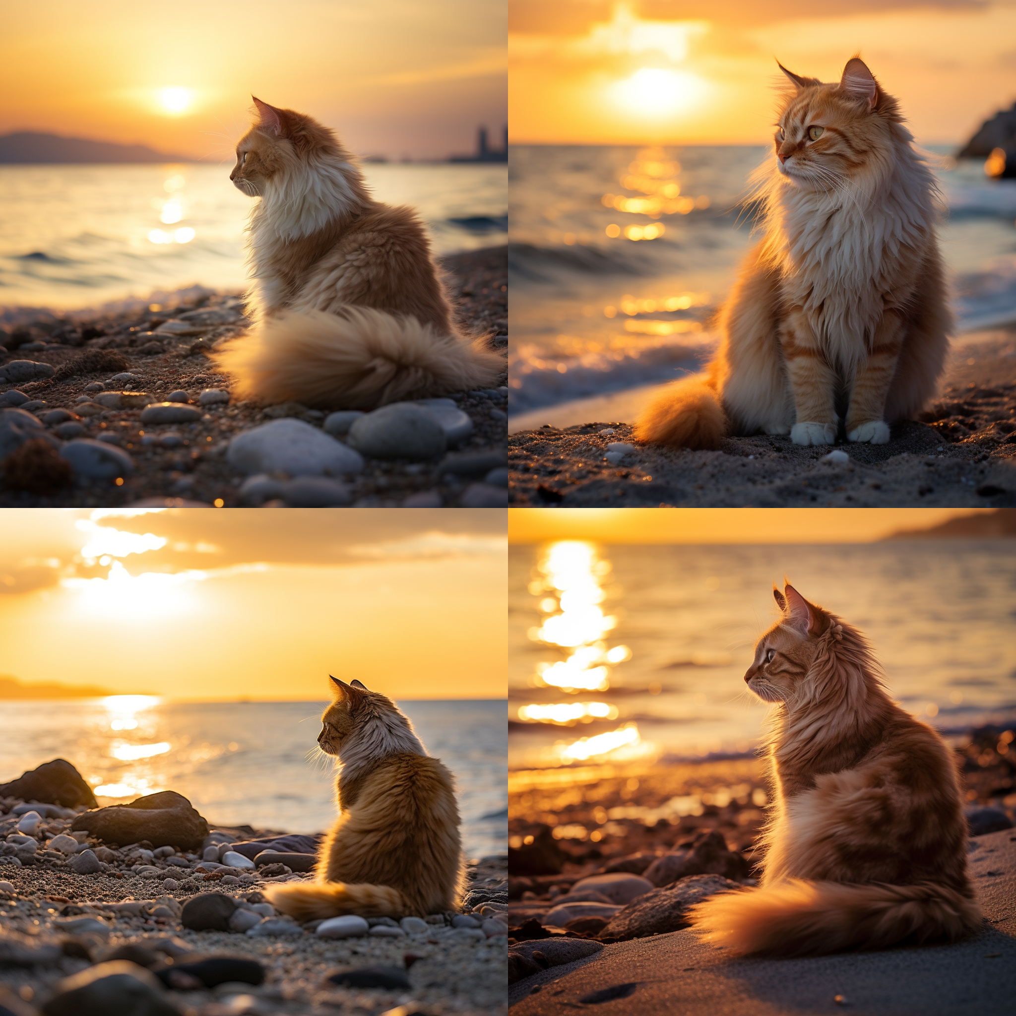 猫咪在海边，宁静海滩，日落时分，长焦镜头，柔和光线，低饱和度，猫咪悠闲，眺望远方，海浪轻拍，金色余晖，放松氛围。