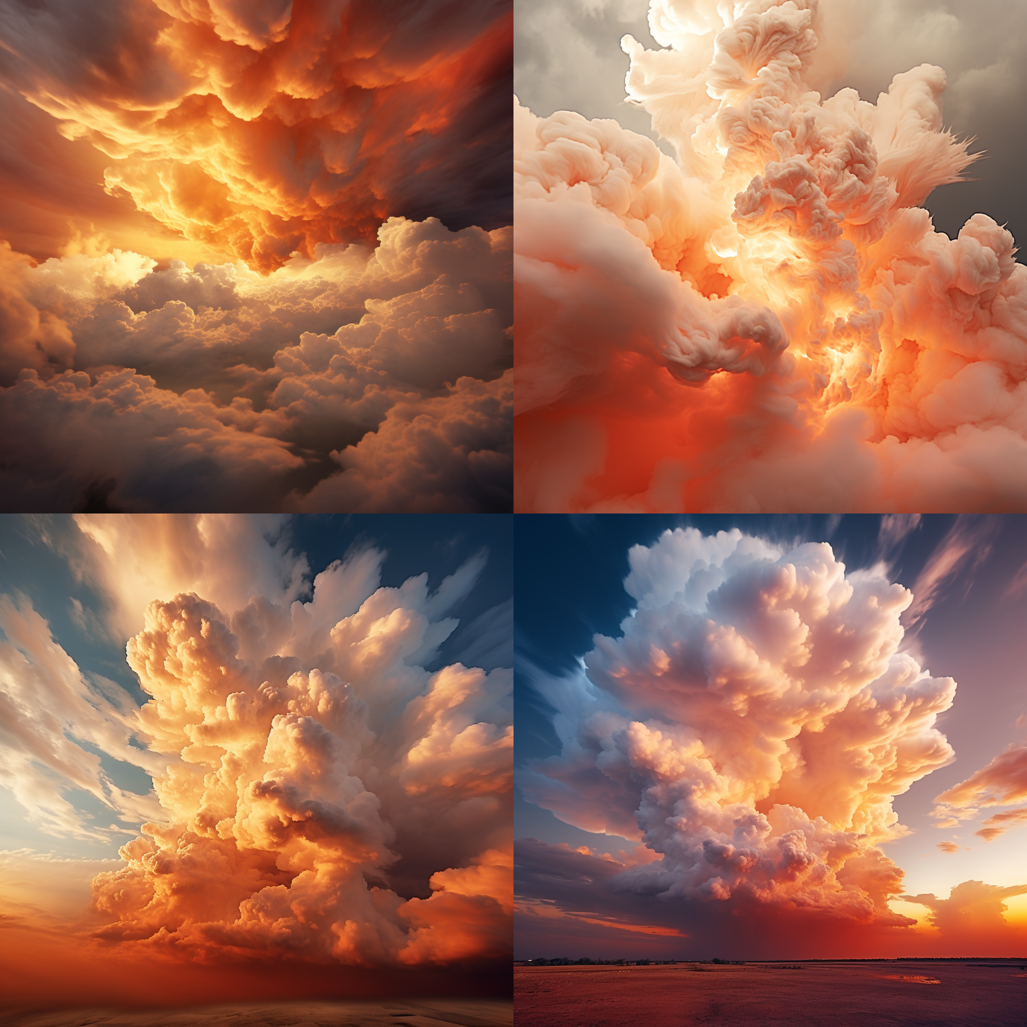 火焰云闪光白云，橘红色白色交织，天空背景，细节丰富，广角镜头，自然光，柔和对比，动态模糊，壮丽，神秘。