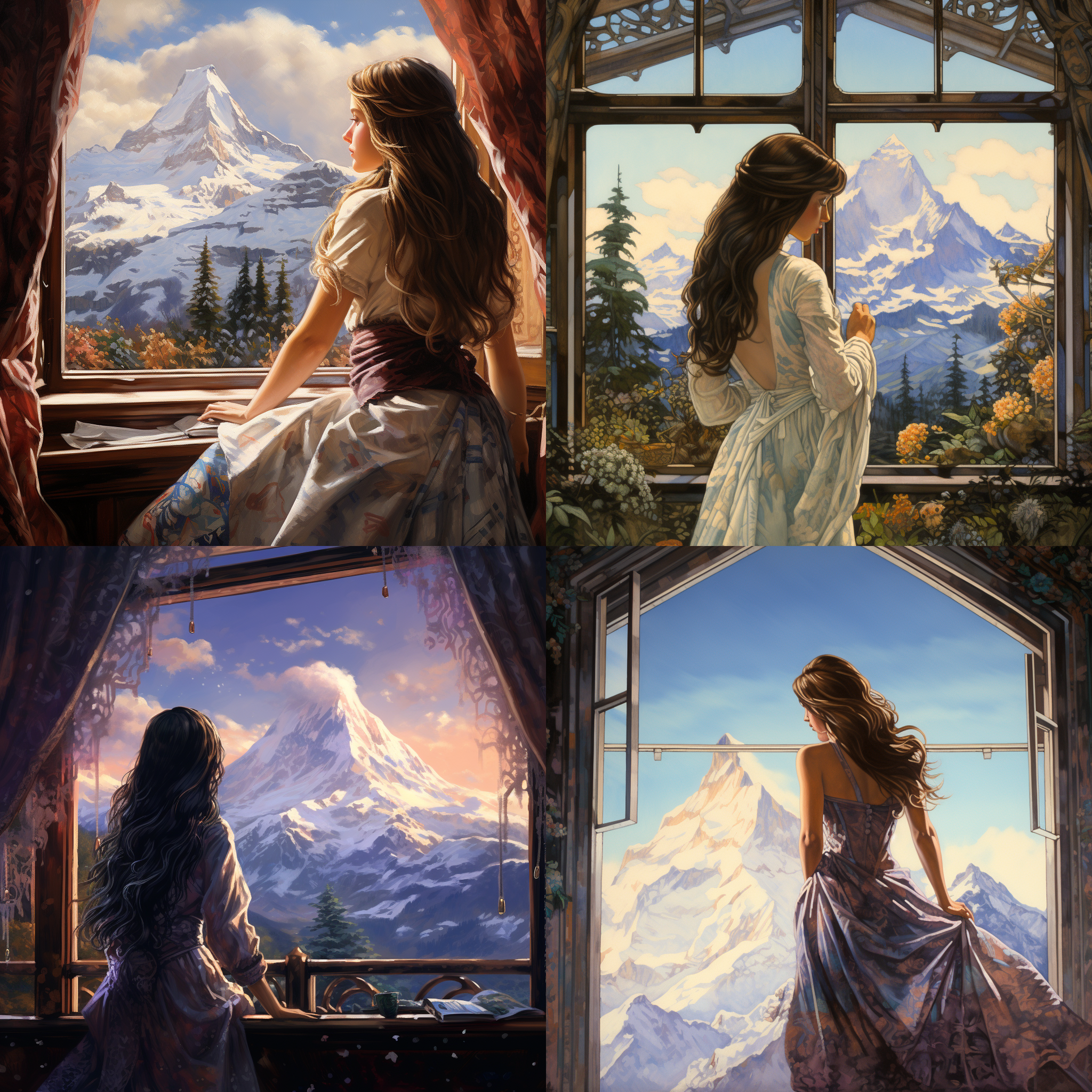 少女透过窗户看雪山，长发飘逸，身材苗条，房间内景，窗外雪山细节丰富，天空色彩斑斓，风景如画，山上风光，室内柔和光线，室外自然光，长焦镜头，高分辨率，细腻色彩，宁静，向往。