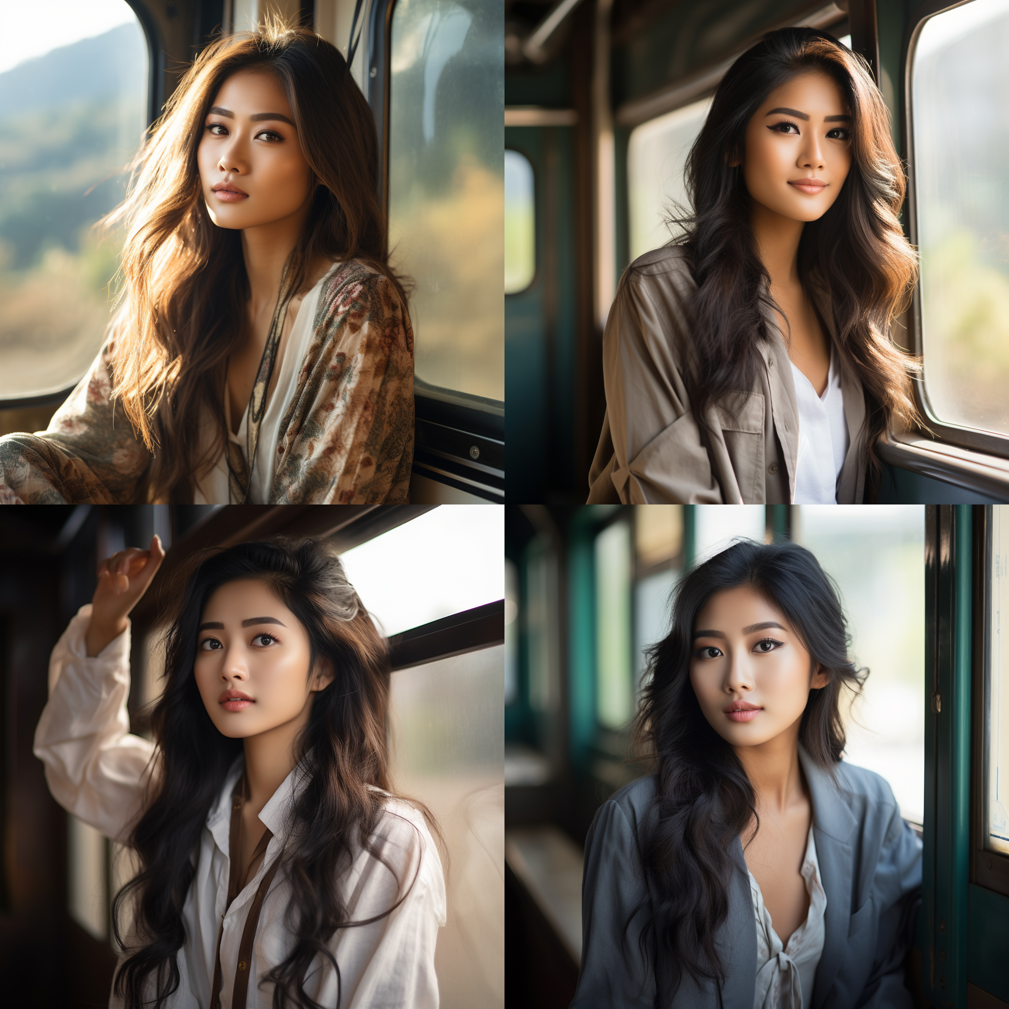 美丽的亚洲女人，长发带蝴蝶结，大眼睛，放松表情，火车窗边，自然光，中焦镜头，柔和色调，风景背景，微笑，宁静。
