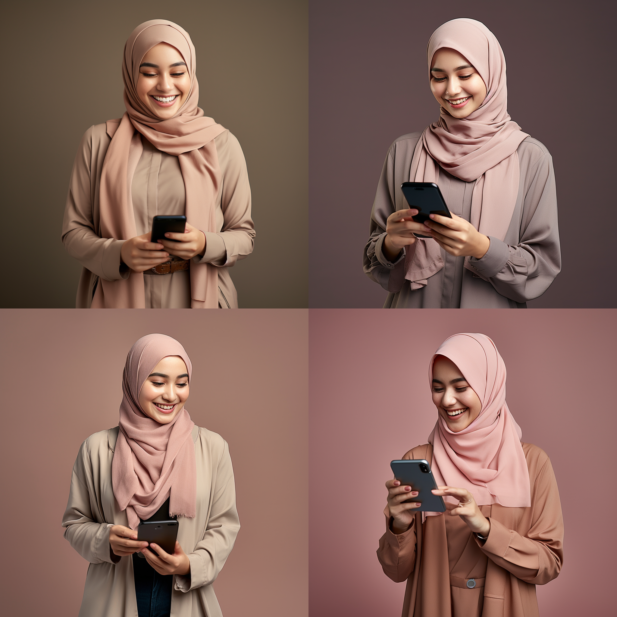 马来女孩戴头巾，工作室拍摄，iphone 12，快乐情绪，全身照，28岁，白皙皮肤，休闲装，正面构图，柔和光线，自然色彩，微笑，自信，现代风格，时尚感。