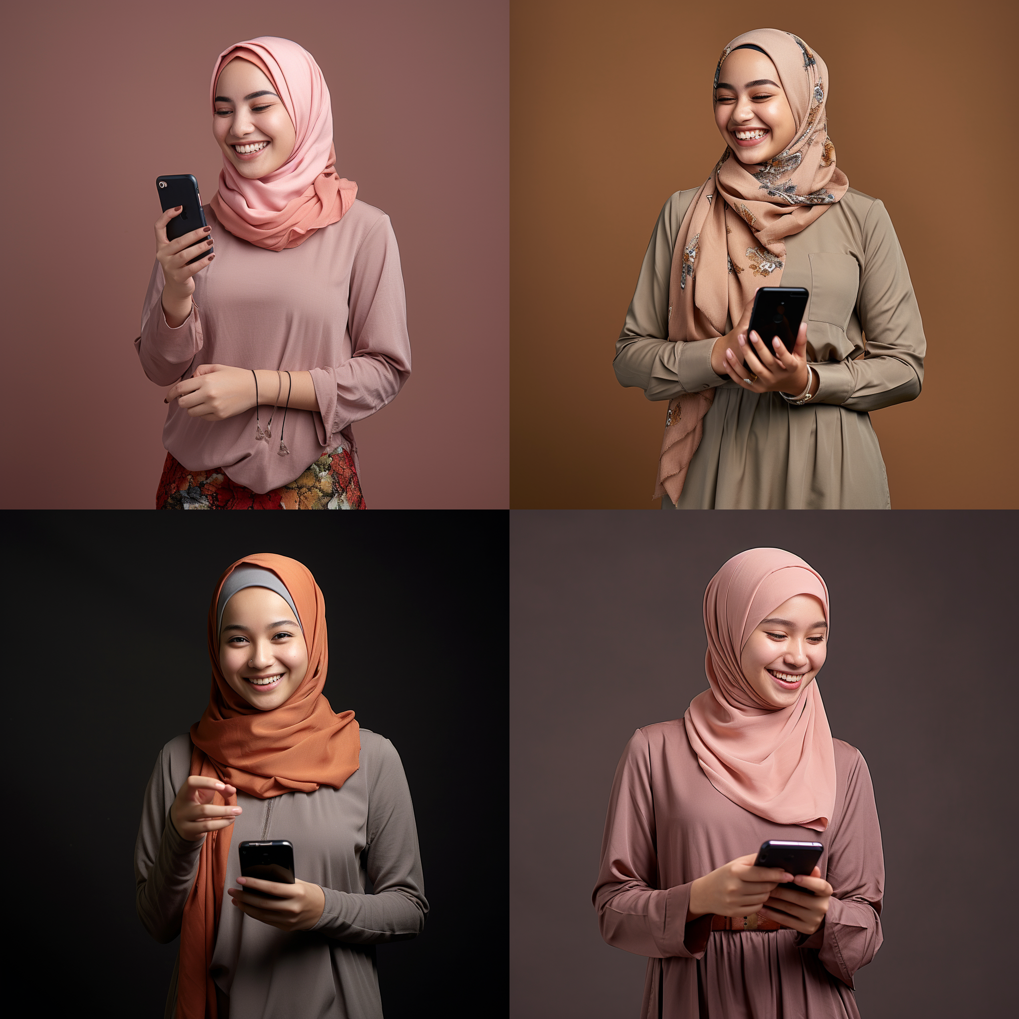 马来女孩戴头巾，工作室拍摄，iphone 15，快乐情绪，全身照，18岁，白皙皮肤，休闲装，正面构图，柔和光线，高分辨率，自然色彩，微笑，青春活力。