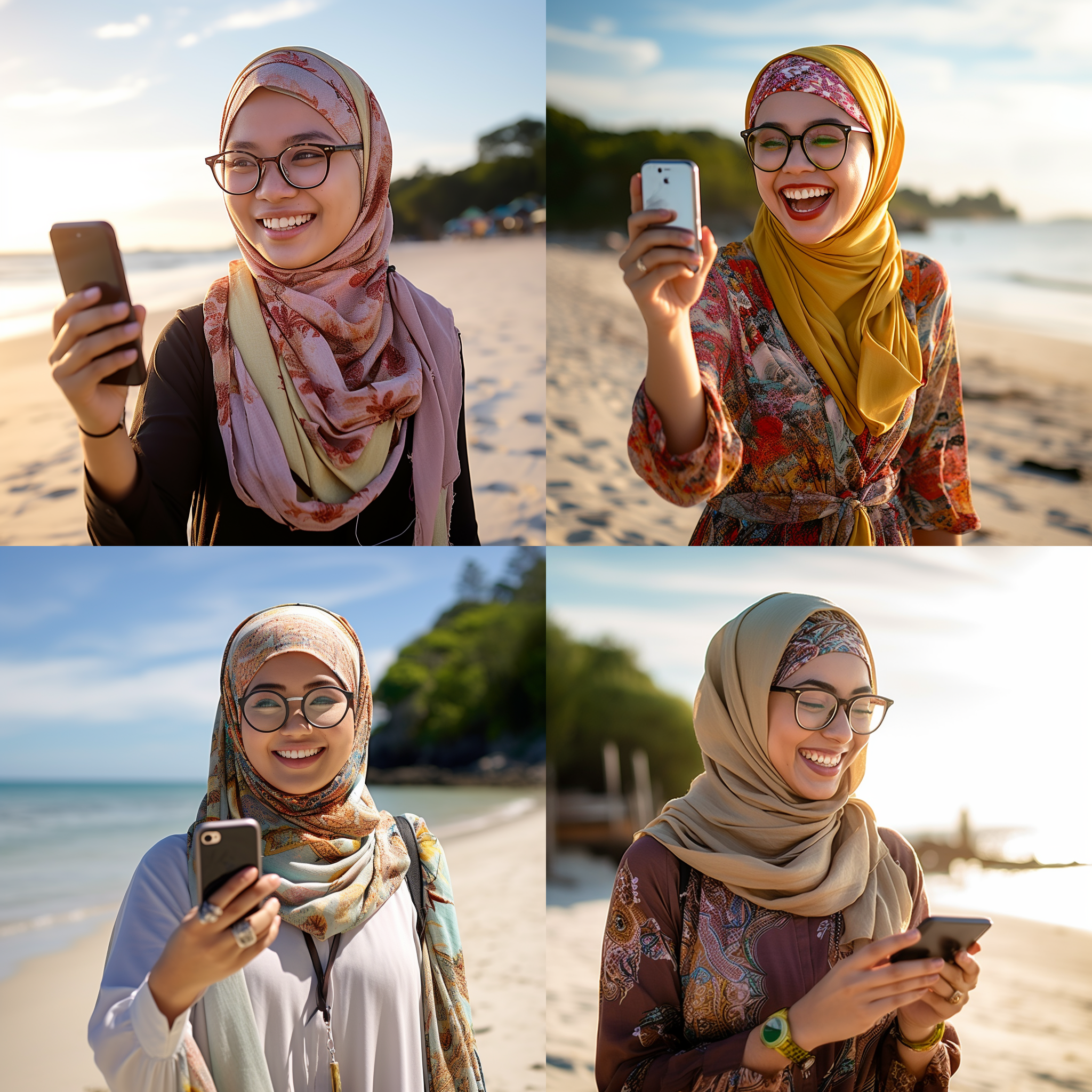 马来女孩戴头巾，肤色白皙，戴眼镜，iphone 11拍摄，海滩外景，阳光明媚，愉快心情，中景构图，自然光，鲜艳色彩，沙滩背景，微笑表情，头巾飘动，眼镜反光，手机握持，轻松姿态。