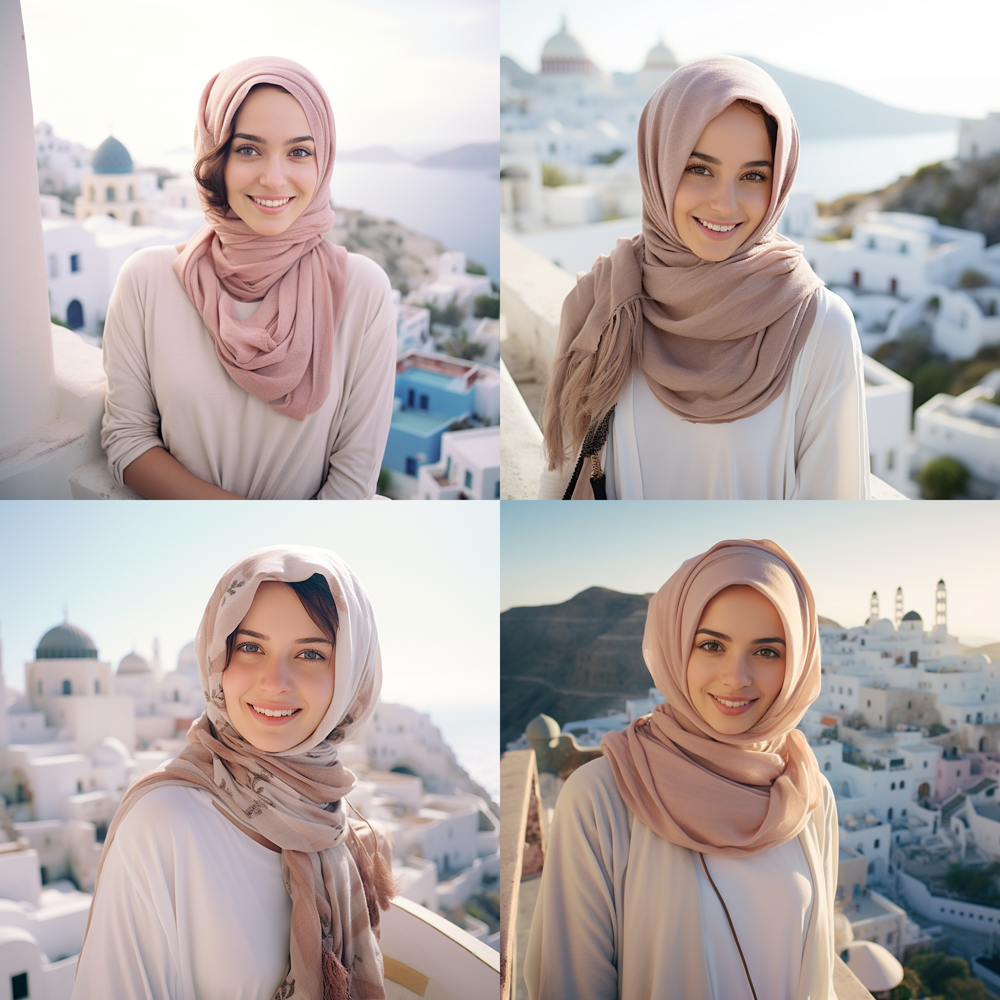 马来女孩戴头巾，逼真肖像，圣托里尼自拍，35mm镜头，自然光，上光照明，微笑，自然风景，柔和色彩，愉悦。