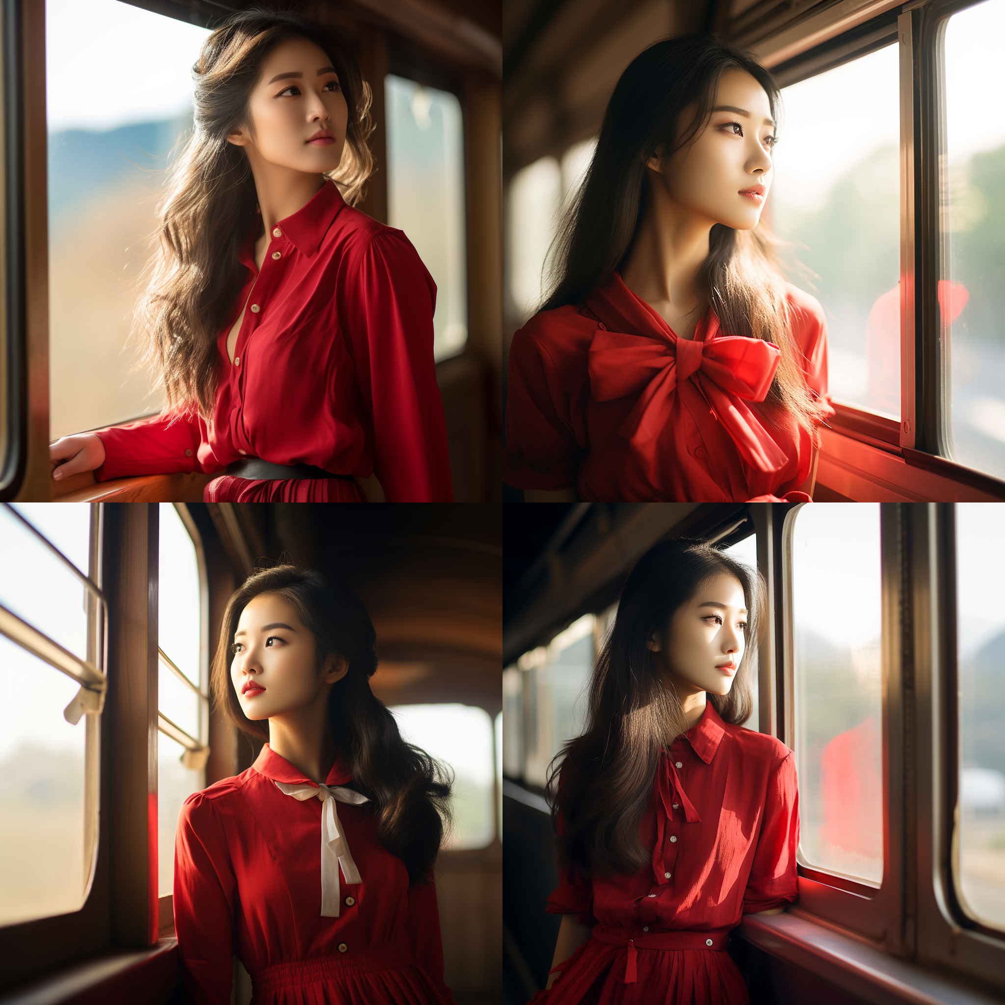美丽的亚洲女人，长发带蝴蝶结，大眼睛，自然，火车窗边，自然光，中焦镜头，柔和色调，风景背景，微笑，宁静。红色裙子，红色上衣，半身像，侧脸，窗外风景，温暖光线，自然表情，优雅姿态，平静心情。