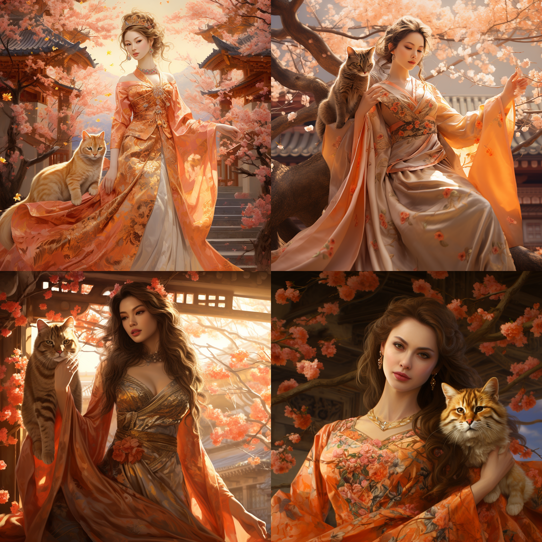 优雅金裙女子，樱花环绕，传统中式花园，巨型橙褐猫，皇家配饰，木结构，盛开花树，宁静奇幻，传统与幻想融合，9:16比例，第五版。