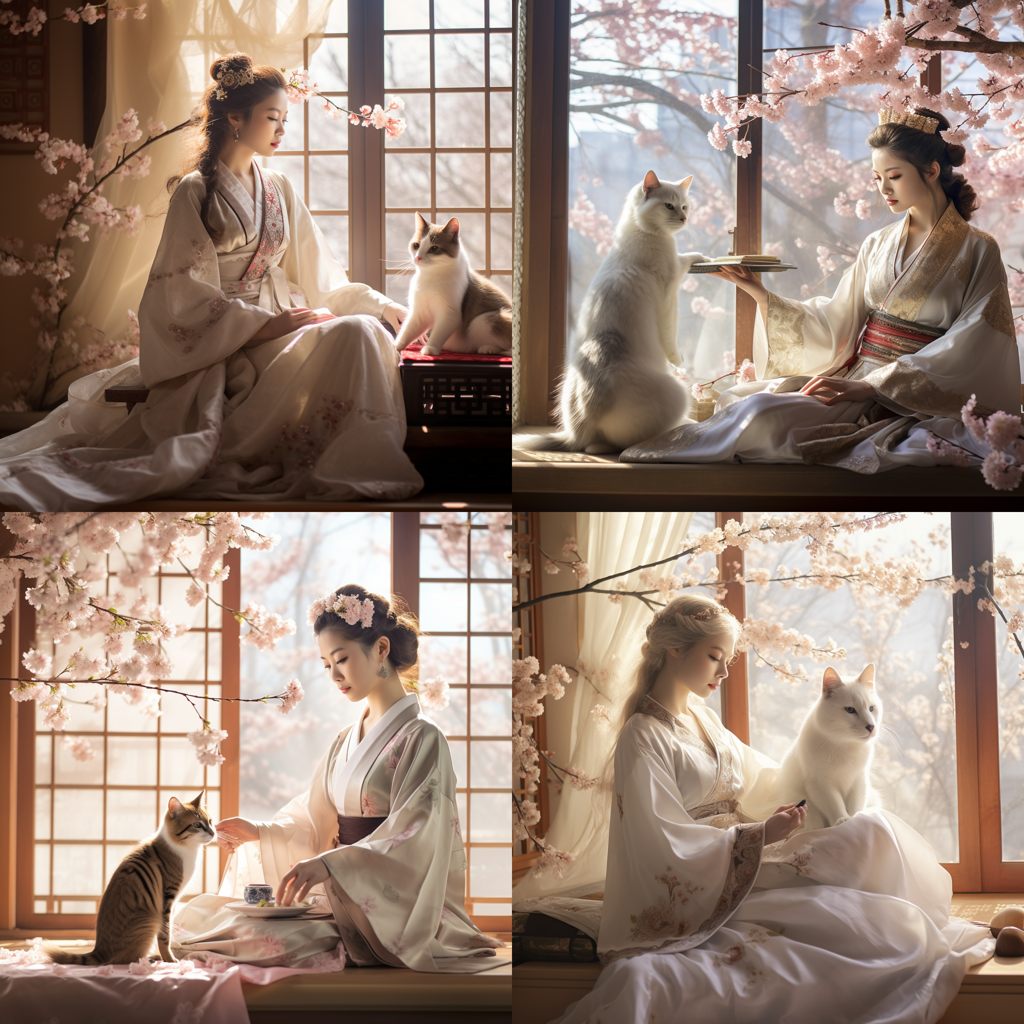 年轻女子穿传统汉服，周围樱花盛开，优雅房间大窗旁，两只巨大白猫，一坐膝上一旁立，猫戴皇家饰品，房间木家具精致，阳光洒入，樱花更美，氛围宁静神奇，传统与奇幻融合。对角线构图，高分辨率，室内，暖色调，广角镜头，侧光，慢快门，静态，优雅，神秘。