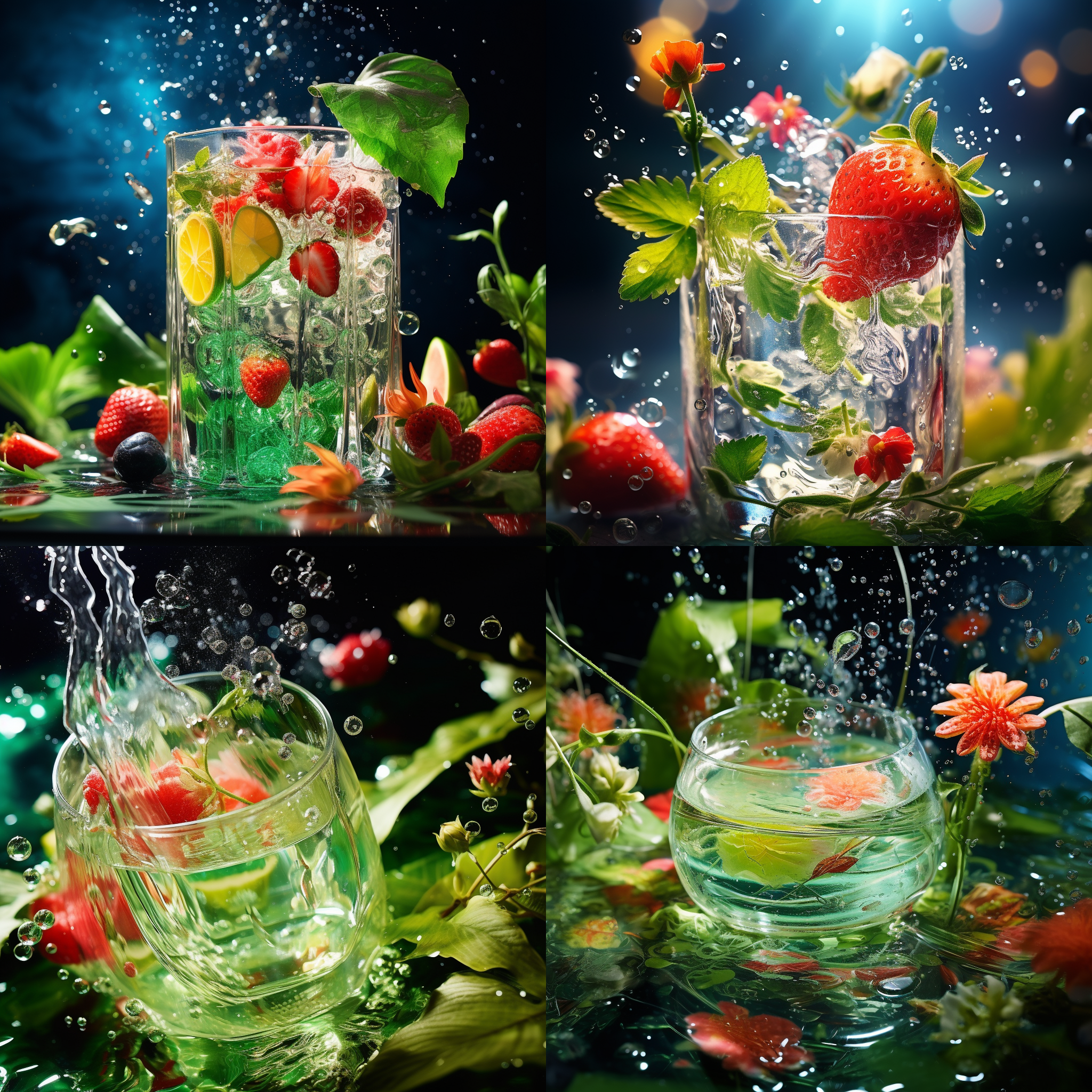 玻璃杯装满绿梅和草莓的气泡水，闪耀的冰块，飞溅的水花，闪烁的水滴和冰泡，全息色彩和荧光效果，玻璃杯悬浮在冰块的气泡水中，创造出充满活力的梦幻场景。特写镜头，柔和光线，波纹流动的气泡水背景，香蕉叶和花朵的模糊，光环，超现实，杯沿装饰新鲜柠檬片，草莓在闪耀的液体背景下展现生机，玻璃质感，光泽，高分辨率。