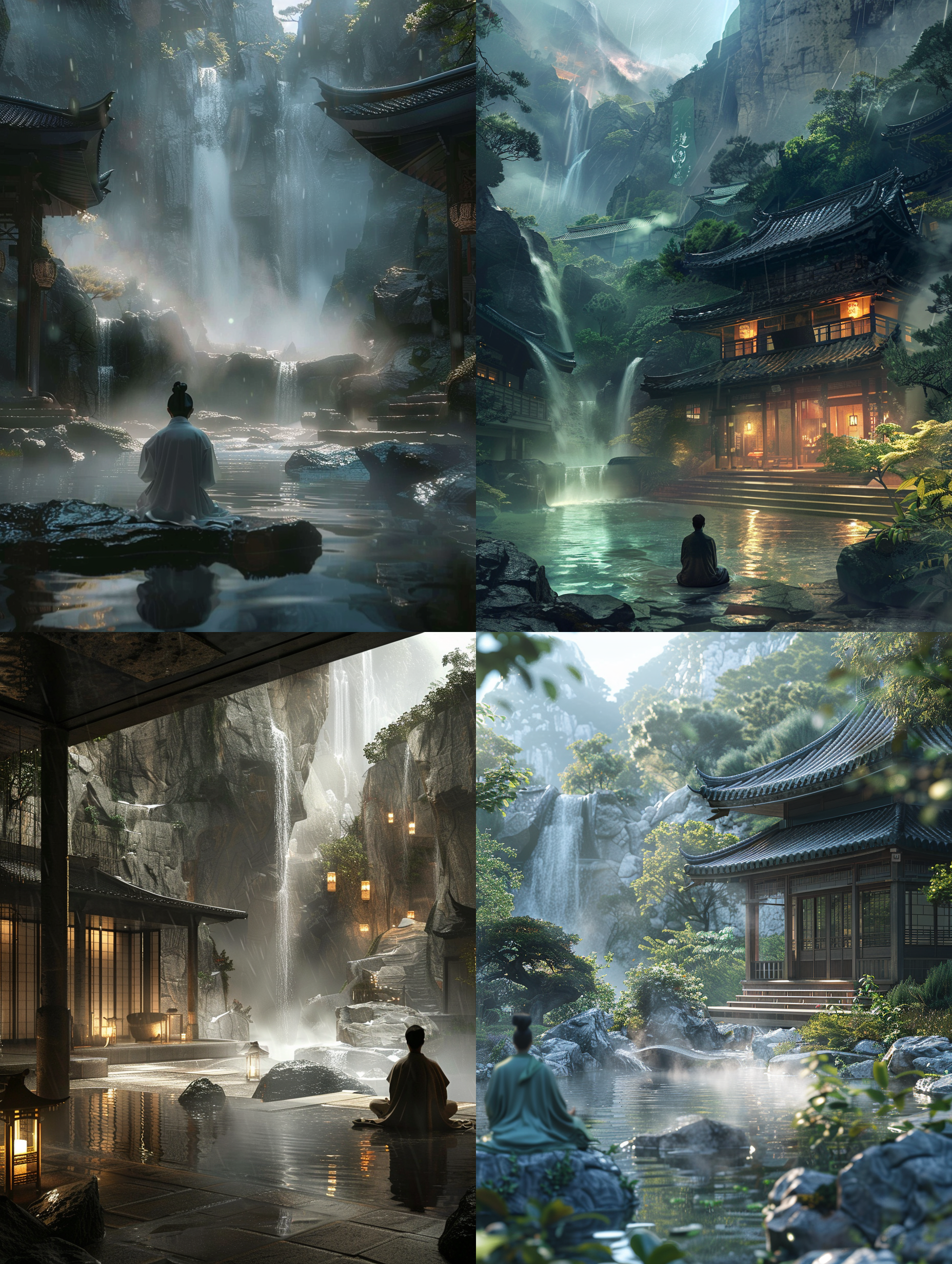 道家温泉，山溪瀑布，蒸气弥漫，古建筑，和服人物，坐打坐，柔光，静谧，中焦镜头，细节丰富，自然色调，宁静。摄影纪实，动画艺术。