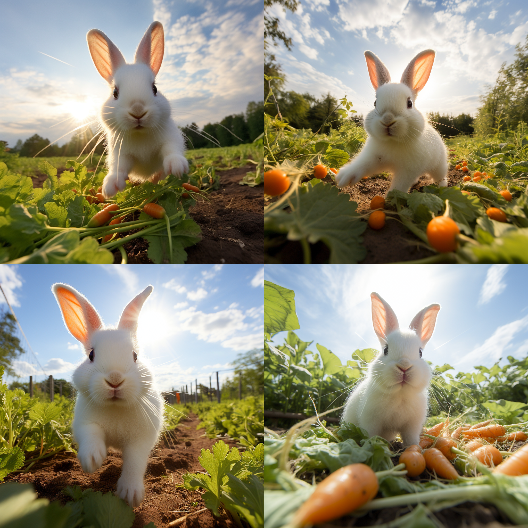 小白兔拔萝卜，田野风光，清新自然，小白兔白色毛发，专注表情，萝卜绿色叶子，广角镜头，自然光，慢快门，田园，温馨，生机勃勃。
