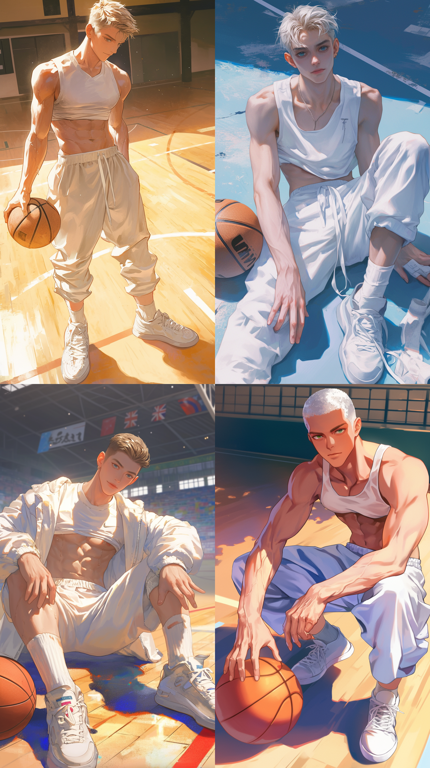 男生，20岁，平头，大眼睛，阳光帅气，胸肌腹肌，白色紧身裤，白皙大理石皮肤，白色袜子，篮球场，全身像，自然光，鲜艳色彩，正面视角，动态捕捉，青春活力，运动风格，高光强调，细节清晰。