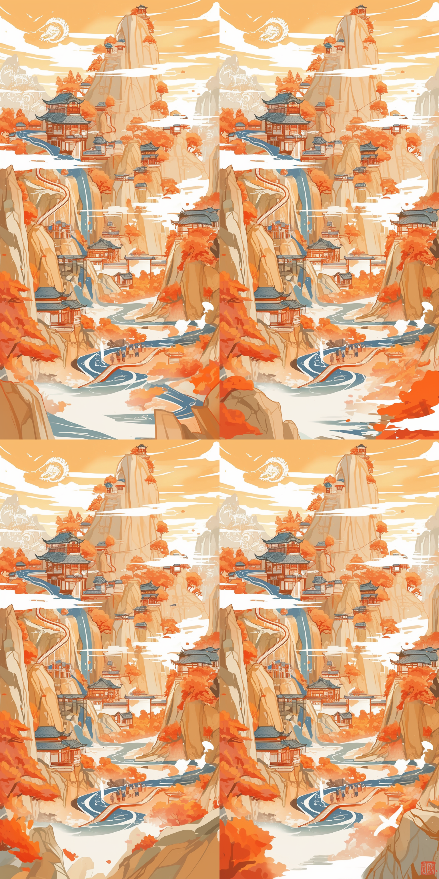 涂鸦风格国潮插画风格色彩鲜明山地黄金广角镜头陡峭的山坡，街头艺术，中国元素，鲜艳色彩，山地景观，广角视野，陡峭地形，自然光线，创意构图，活力，传统与现代结合。 喷漆风格 扁平风格