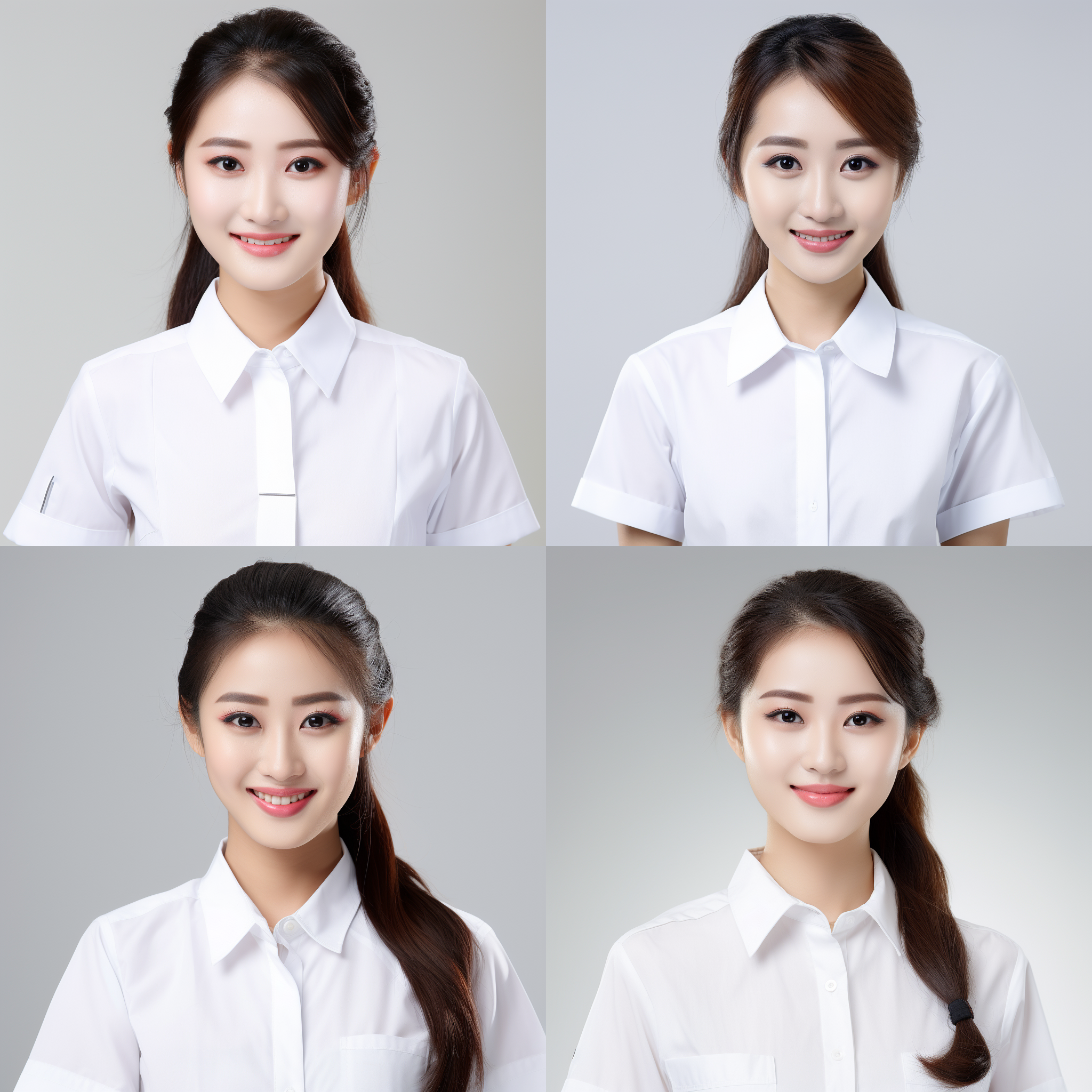 客服头像，亲切笑容，23岁中国女孩，长发，淡妆，白色背景，白色工作衬衫，统一服装，专业感，眼神交流，正面光，自然肤色，证件照风格，柔和光线，微笑，专注