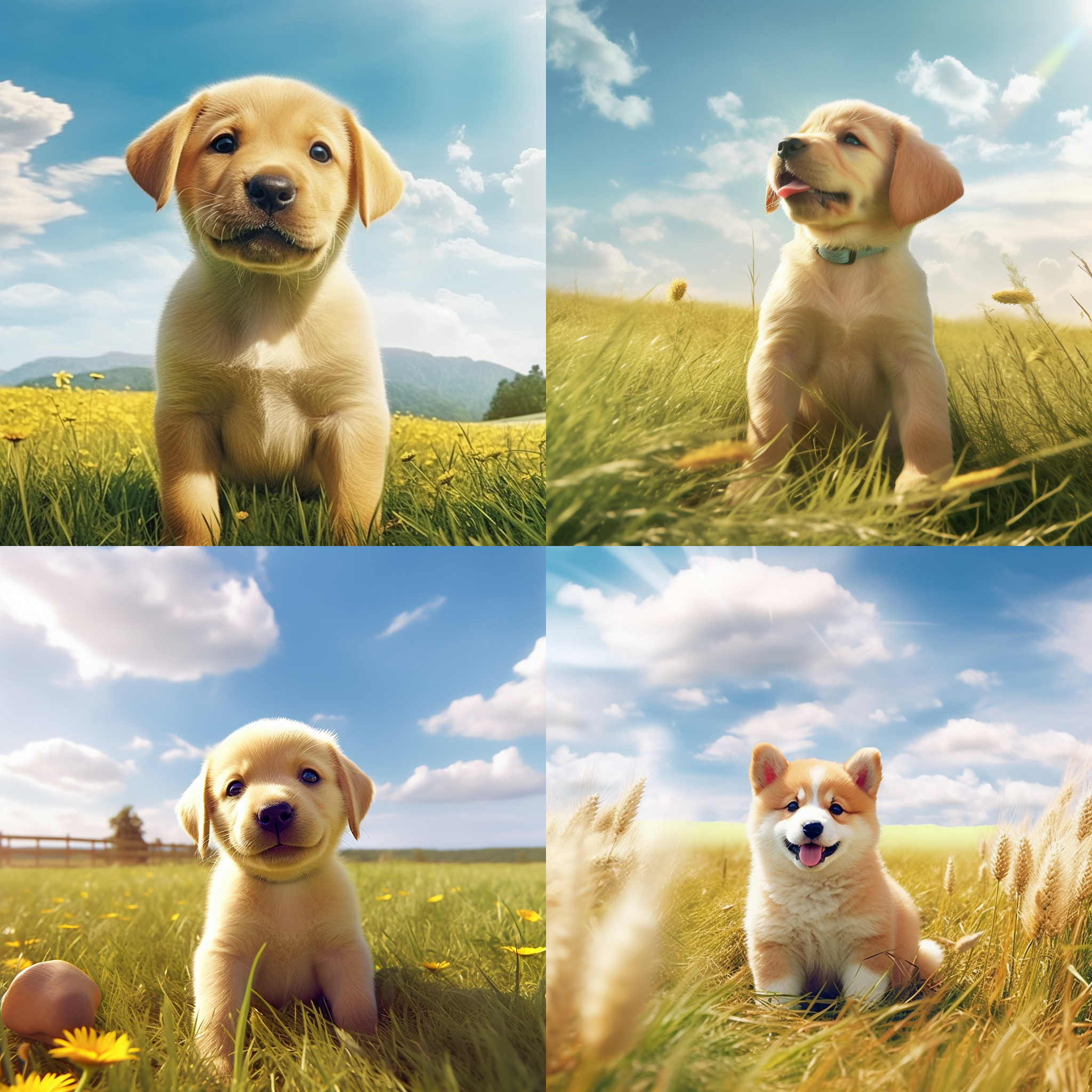 黄色小狗，超级可爱，微胖肉乎乎，真实画风，治愈，细节丰富，高画质，高分辨率，白天，田园背景，田边，绿草，蓝天白云，自然光，广角镜头，高分辨率，温暖色调，宁静表情，田园风光，蓝天白云，绿色草地，细节丰富，治愈系。
