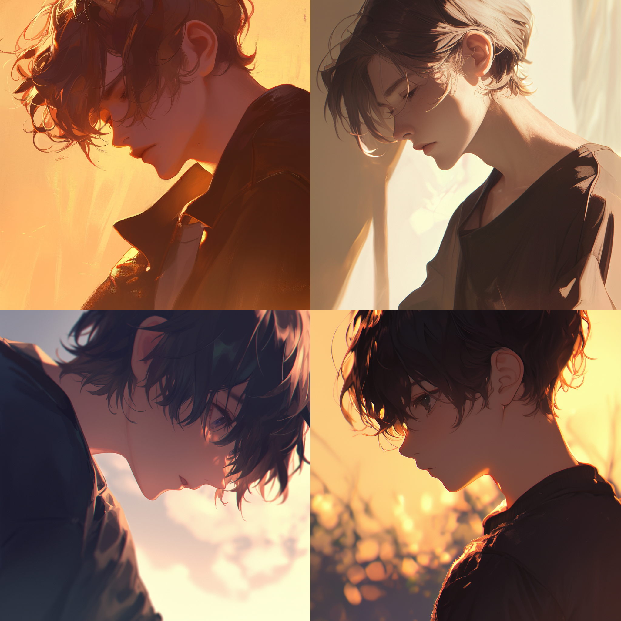 侧面侧颜，动漫男生，正方形尺寸，头照近景，忧郁眼神，侧视，高画质，褐色衣服，胸口以上，背景模糊，细腻笔触，柔和光线，深色调，情感丰富，艺术风格。