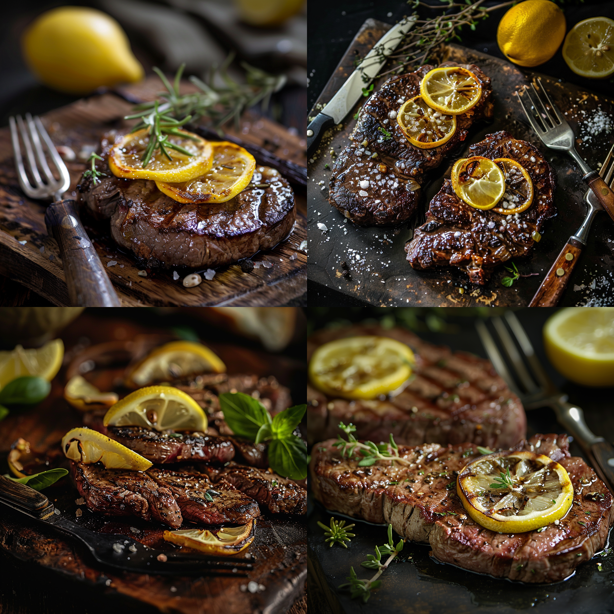 桌面，刀叉，牛排烤熟，柠檬片点缀，香草装饰，近景，自然光，暖色调，细节清晰，食欲诱人，美食摄影。
