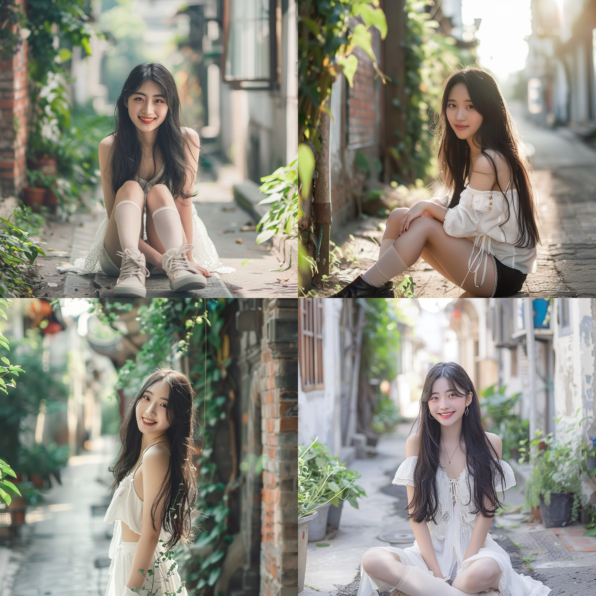 清纯美女，微笑，中国人，18岁年轻，白色jk，肉色丝袜，黑色女士皮鞋，露腿，黑色长发，淡妆，淡红色唇，肤色白，无人街道，旁边绿植，自然光，清新风格，中长焦镜头，柔和色彩，温馨氛围，青春活力。