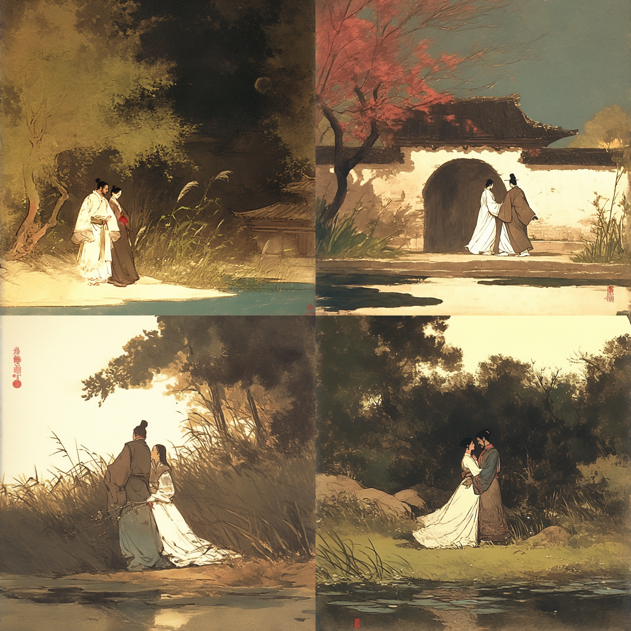 淑女与君子，河畔相遇，柔和光线，自然风景，长焦镜头，逆光，慢快门，优雅，浪漫。