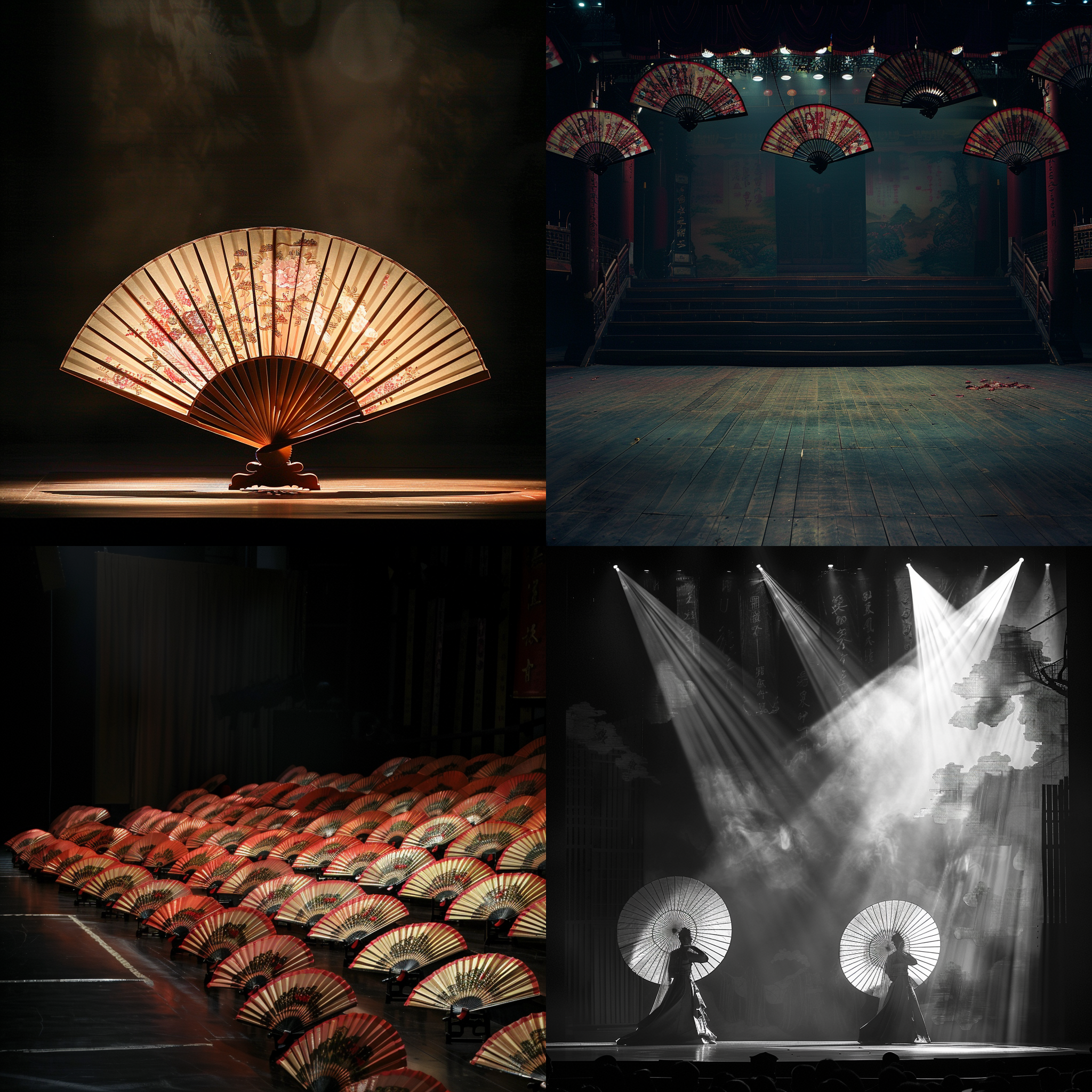 许多扇子 中国古典 凄凉 悲伤 传统 舞台 黑背景