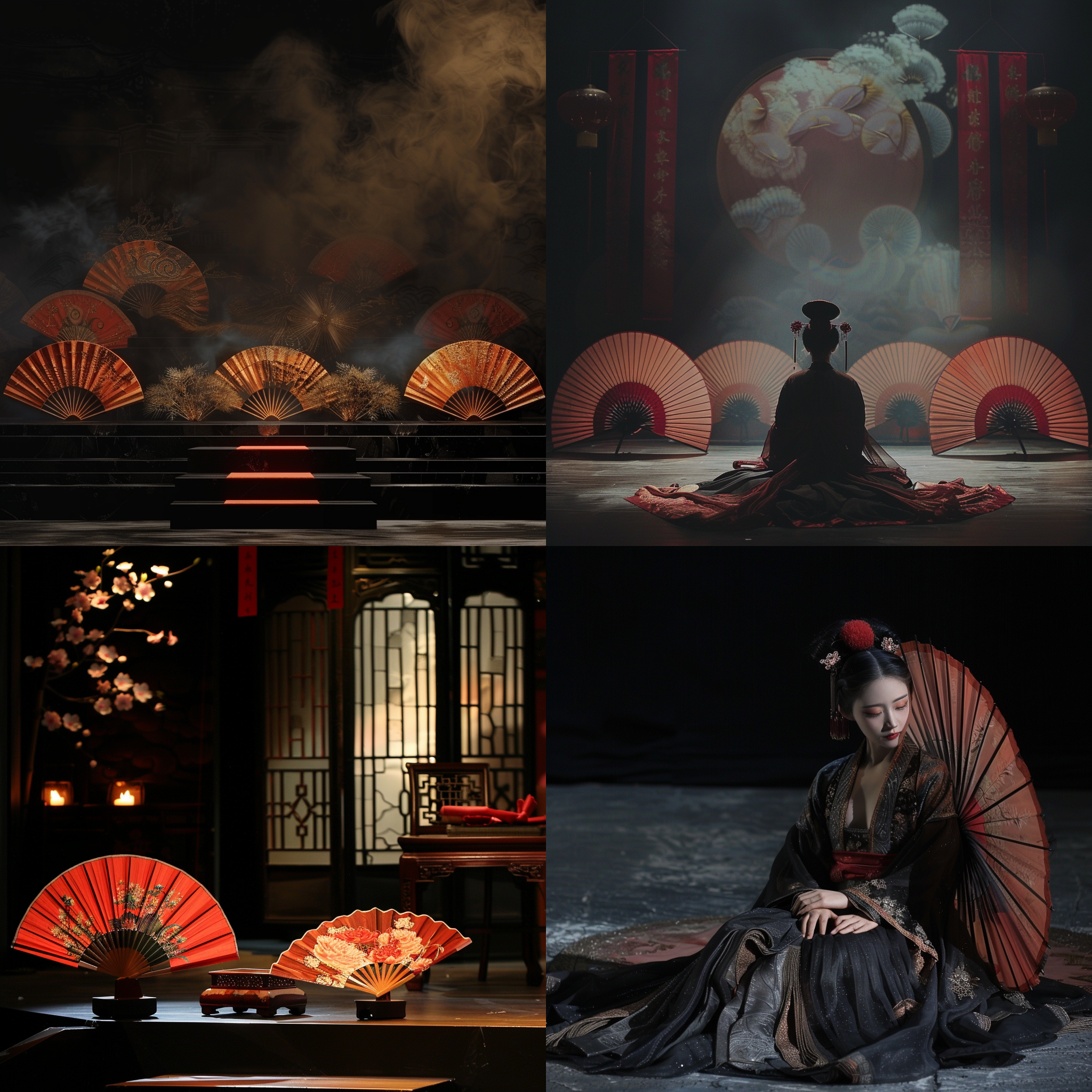 许多扇子 中国古典 凄凉 悲伤 传统 舞台 黑背景