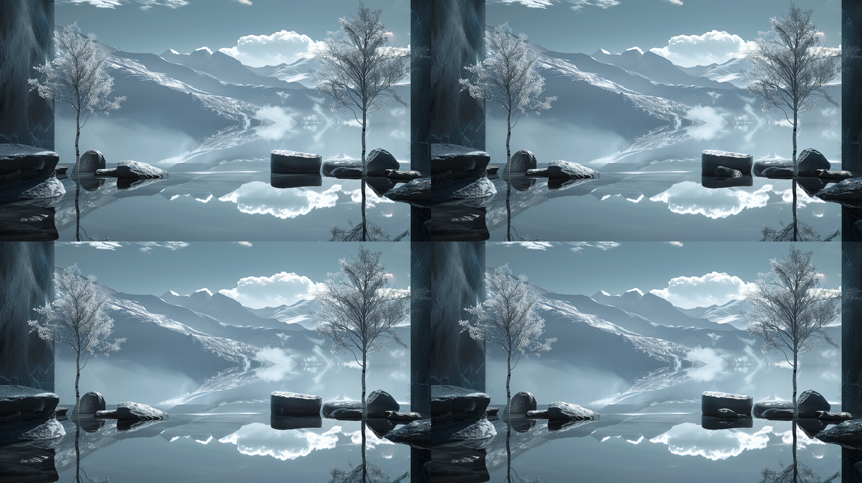 水面反射，黑色平台，雪山远景，超写实风格，广阔视野，长焦镜头，自然光，清晰细节，冷色调，宁静氛围。 摄影纪实 超现实主义 oc渲染器 天空 超广角 宽景 黑 明亮的 白 宝宝蓝