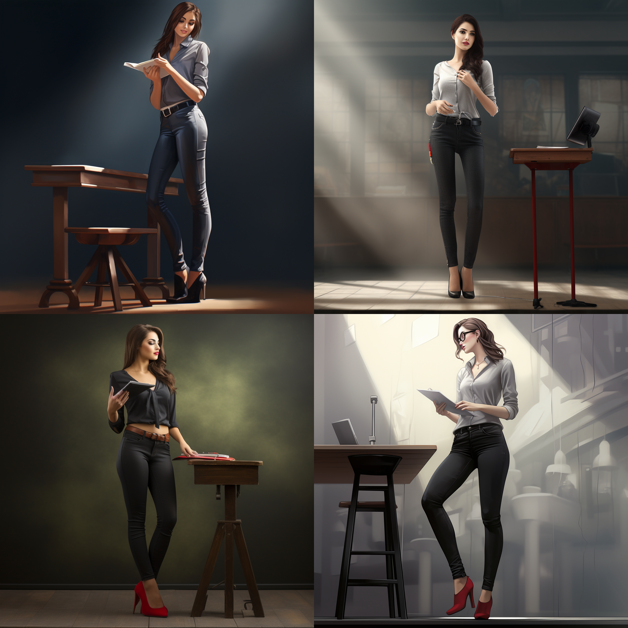 女教师，紧身牛仔裤，高跟鞋，讲台旁