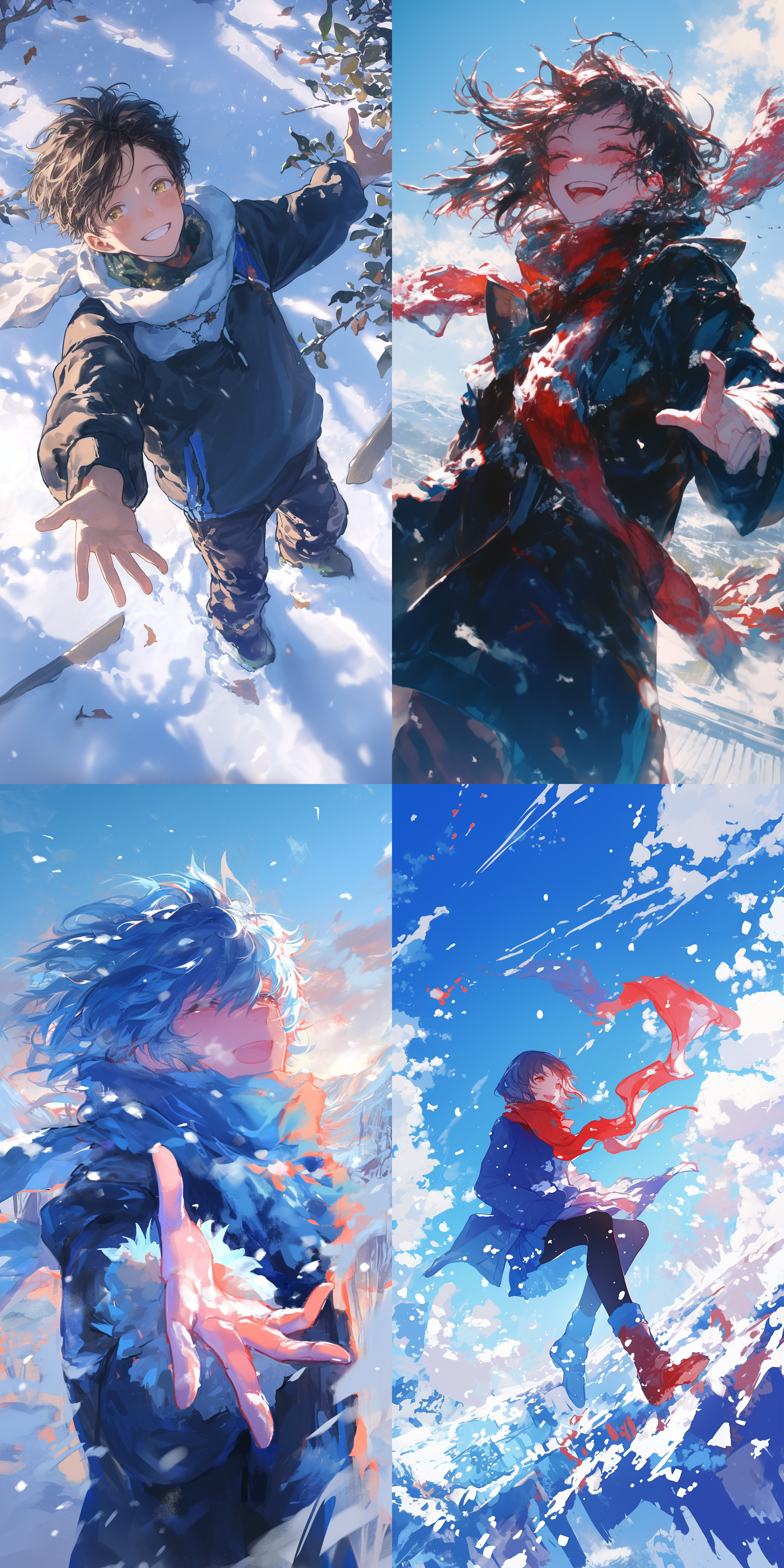 他戴着围巾在雪地里玩雪，富有生命力，鲜活情感，雪地背景，围巾飘扬，笑脸，动态姿势，广角镜头，自然光，冷色调，雪地反射，活力四射。