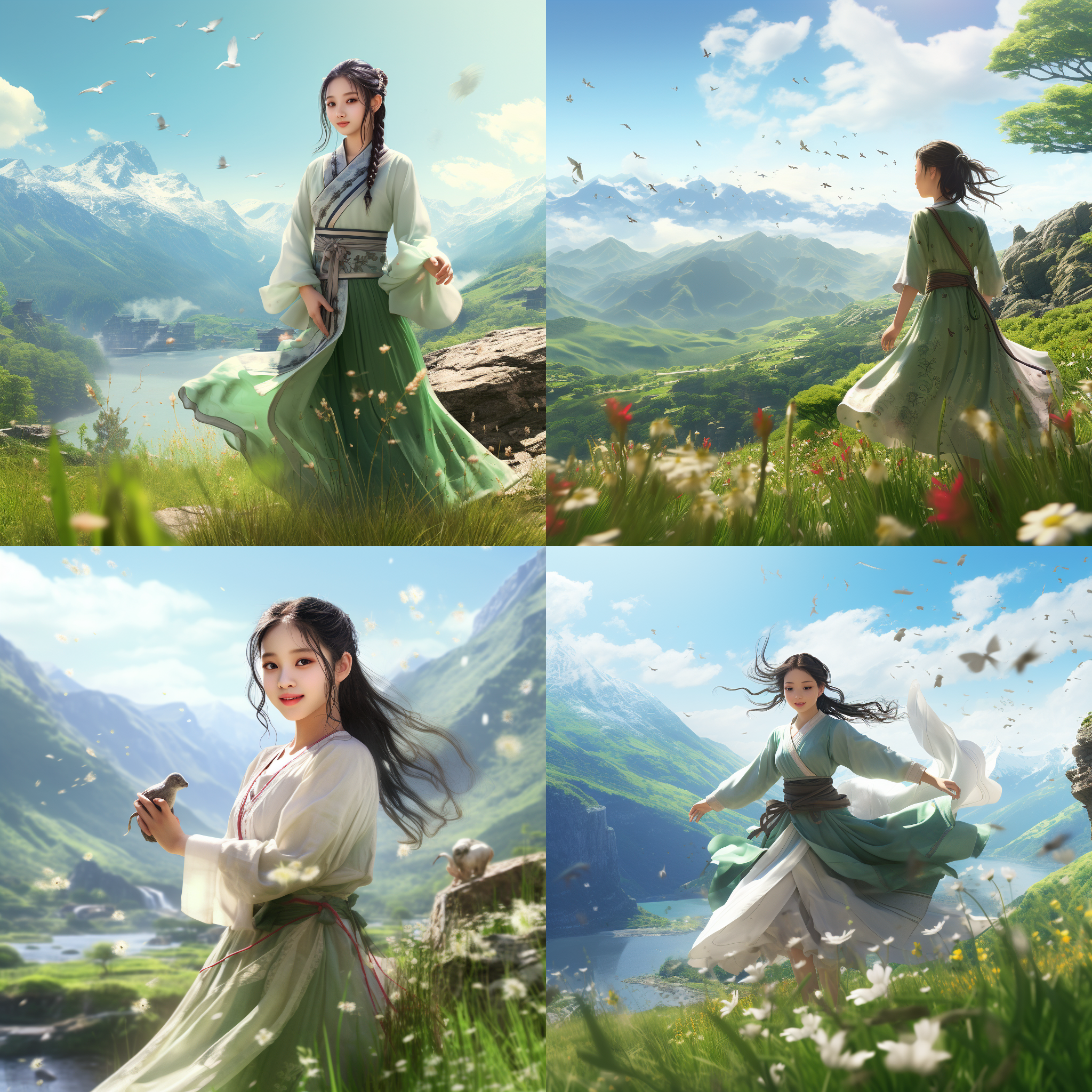 春季阳光明媚，绿草地和各色小花，十来岁的小女孩，着夏季汉服，小米色上衣，青色长裙，小辫子，背景有青山绿水的美景，电影海报，写实，c4d，主体人物突出，超高清，大景深，背景虚化，自然光，广角镜头，色彩鲜艳，细节丰富，温馨，宁静。