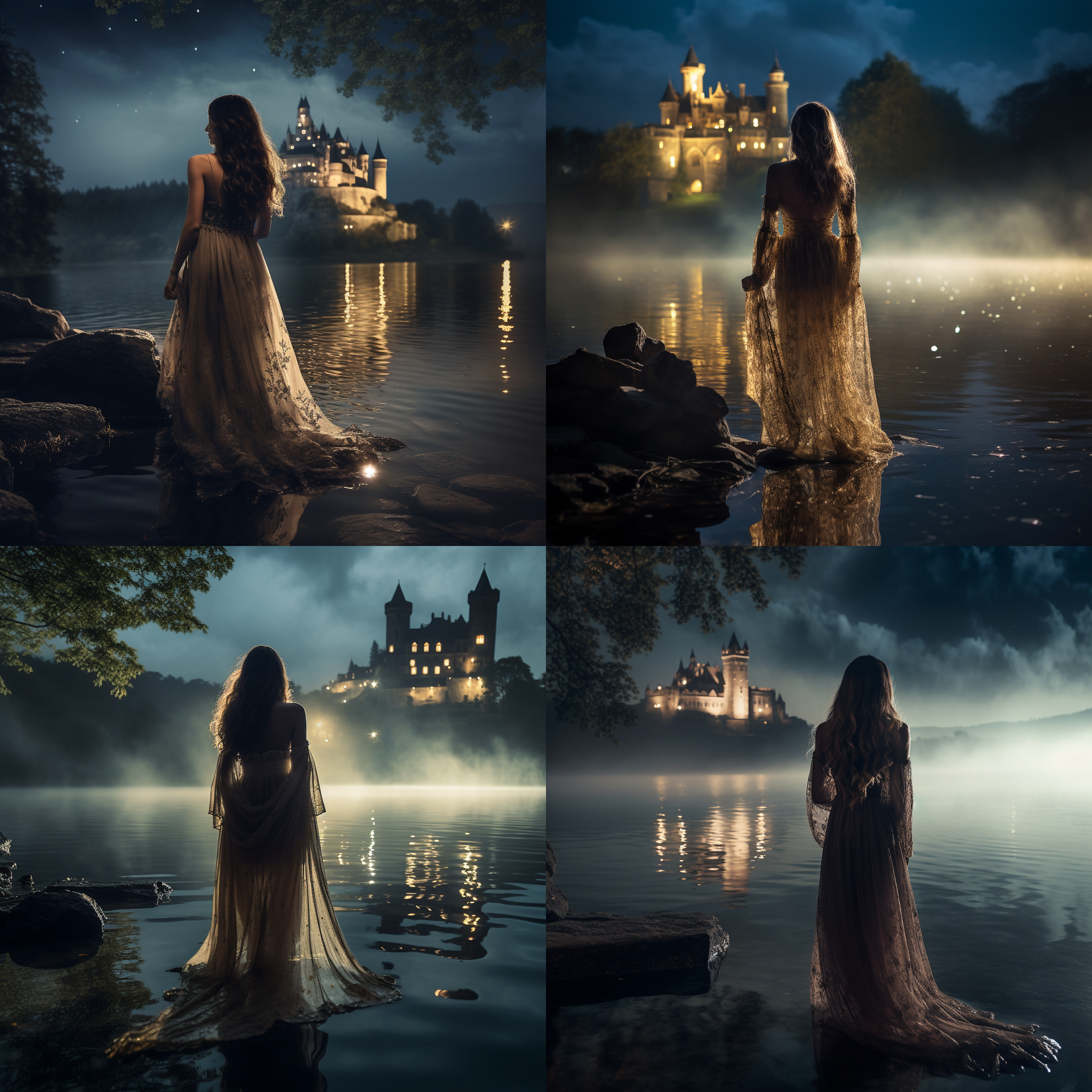 古堡湖边美女，欧美面孔，夜色迷蒙，湖水倒影，长发飘逸，深邃眼神，古典长裙，月光照耀，广角镜头，低光环境，柔和光线，静态站立，神秘氛围，冷色调，优雅气质。