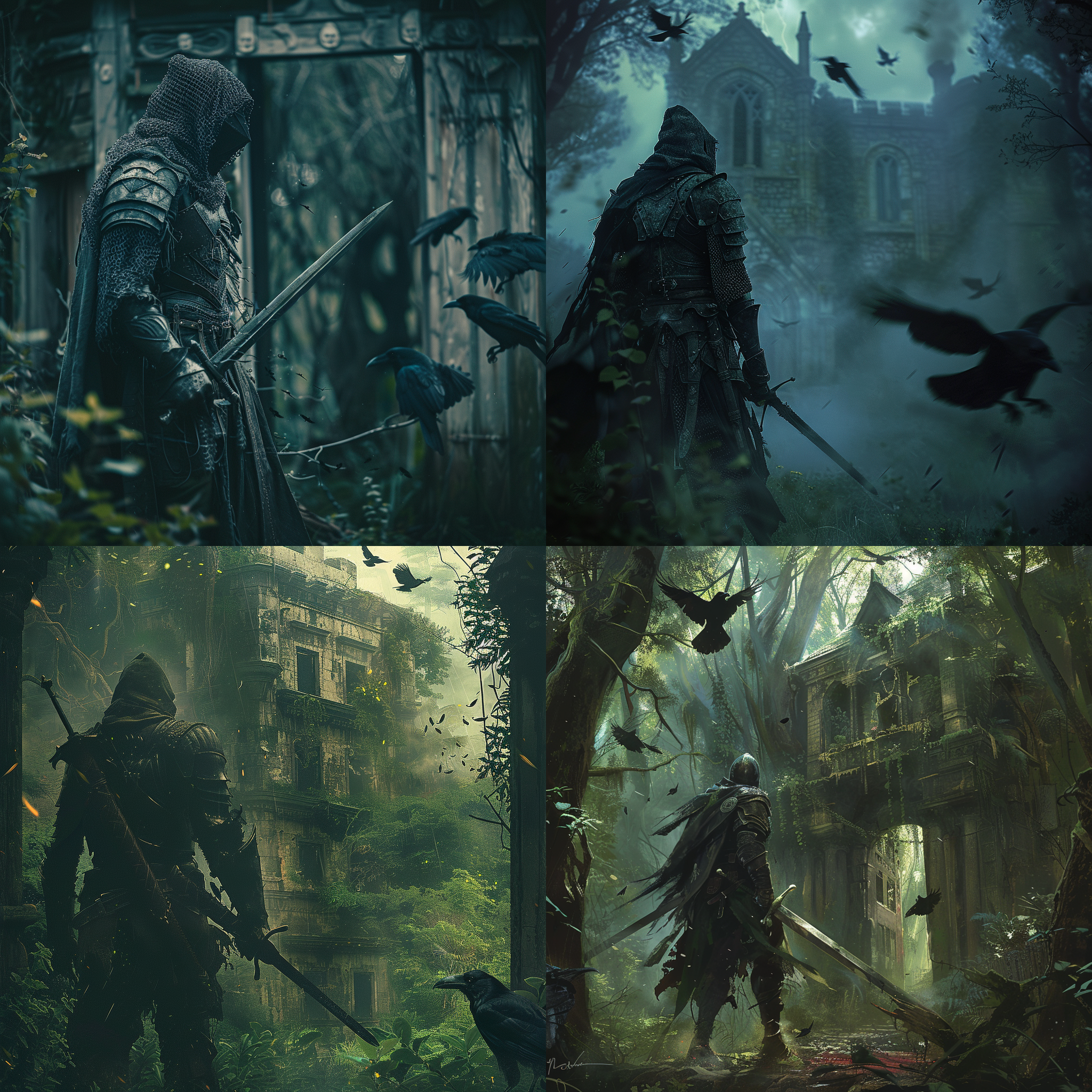 战士丛林冒险，全身盔甲，手持宝剑，高大威猛，树林中神秘目光，荒废古宅，乌鸦飞翔，门前怪物，阴森氛围，暗色调，远景，鸟瞰图，侧光，紧张情绪，动态模糊，神秘感。