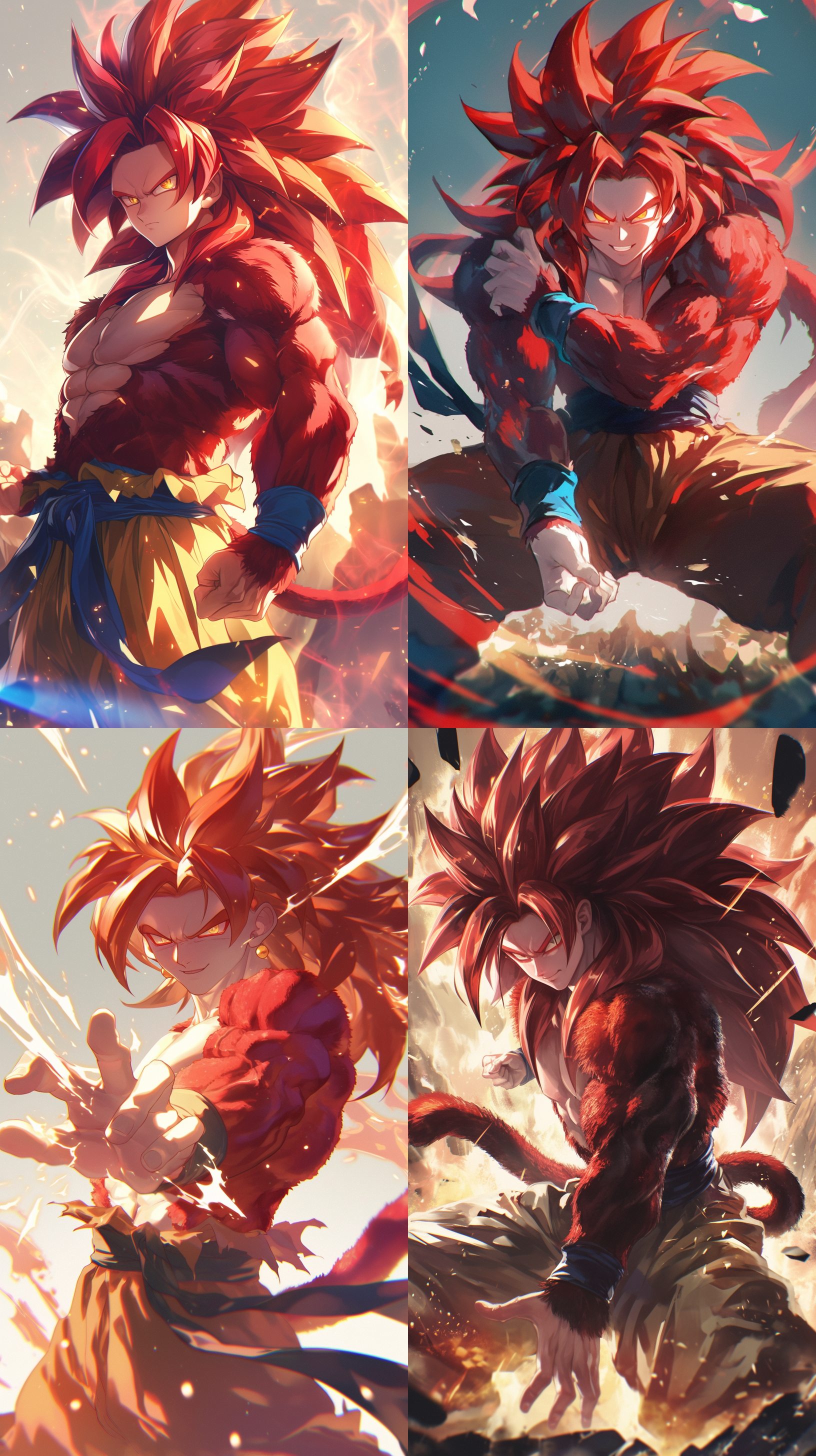 超级赛亚人4孙悟空，肌肉线条，红色毛发，金色气焰，战斗姿态，荒野背景，动态模糊，长焦镜头，逆光，强烈对比，战斗激情，力量感。