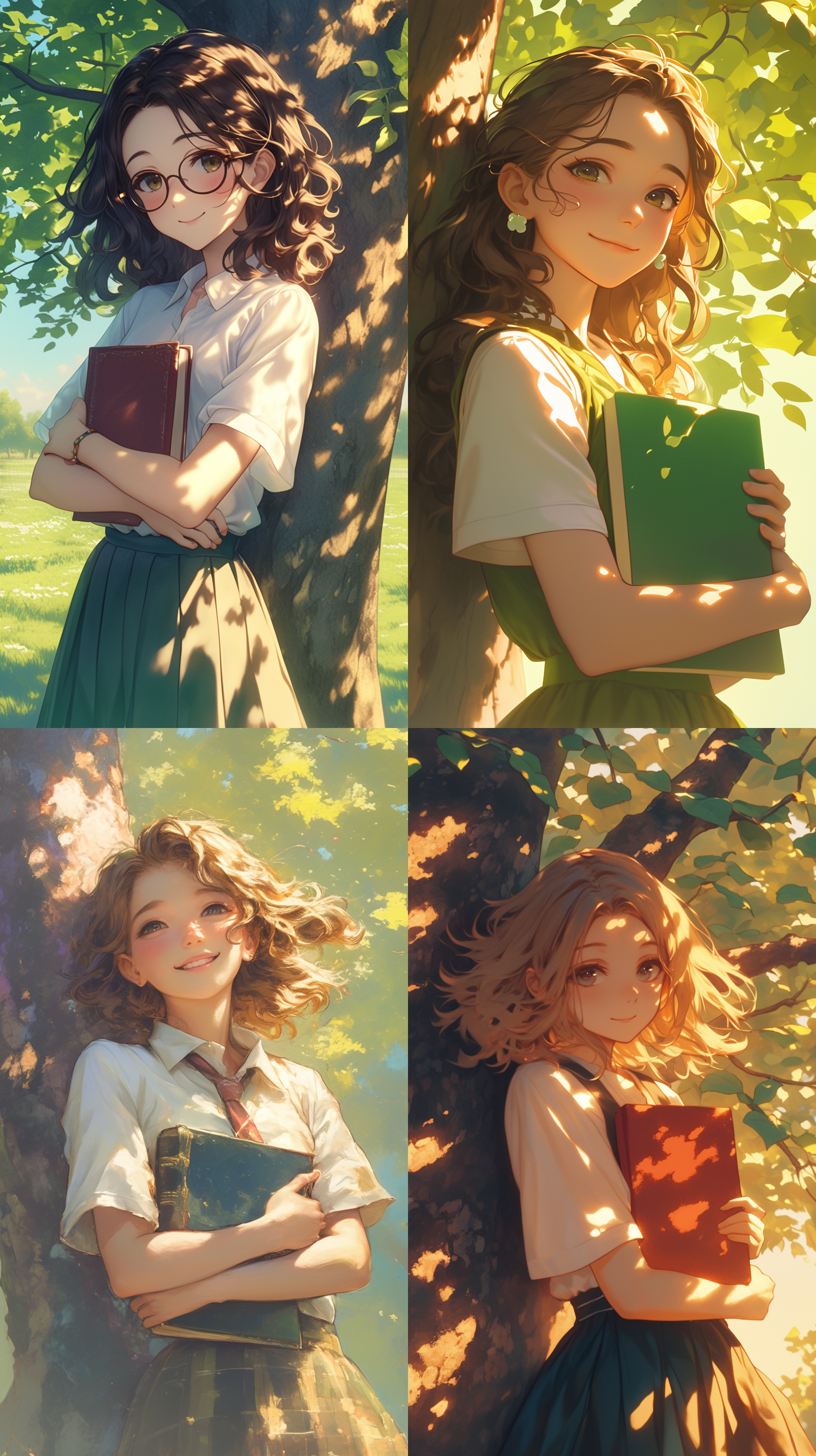怀里抱着一本书的高中女孩，靠在树上，文学少女风格，特写，光线明亮，色彩丰富，细节风格，高清，树荫下，柔和光线，丰富色彩，特写镜头，自然环境，微笑表情，文艺装扮，细腻肌肤，专注眼神，书本细节，青春气息。