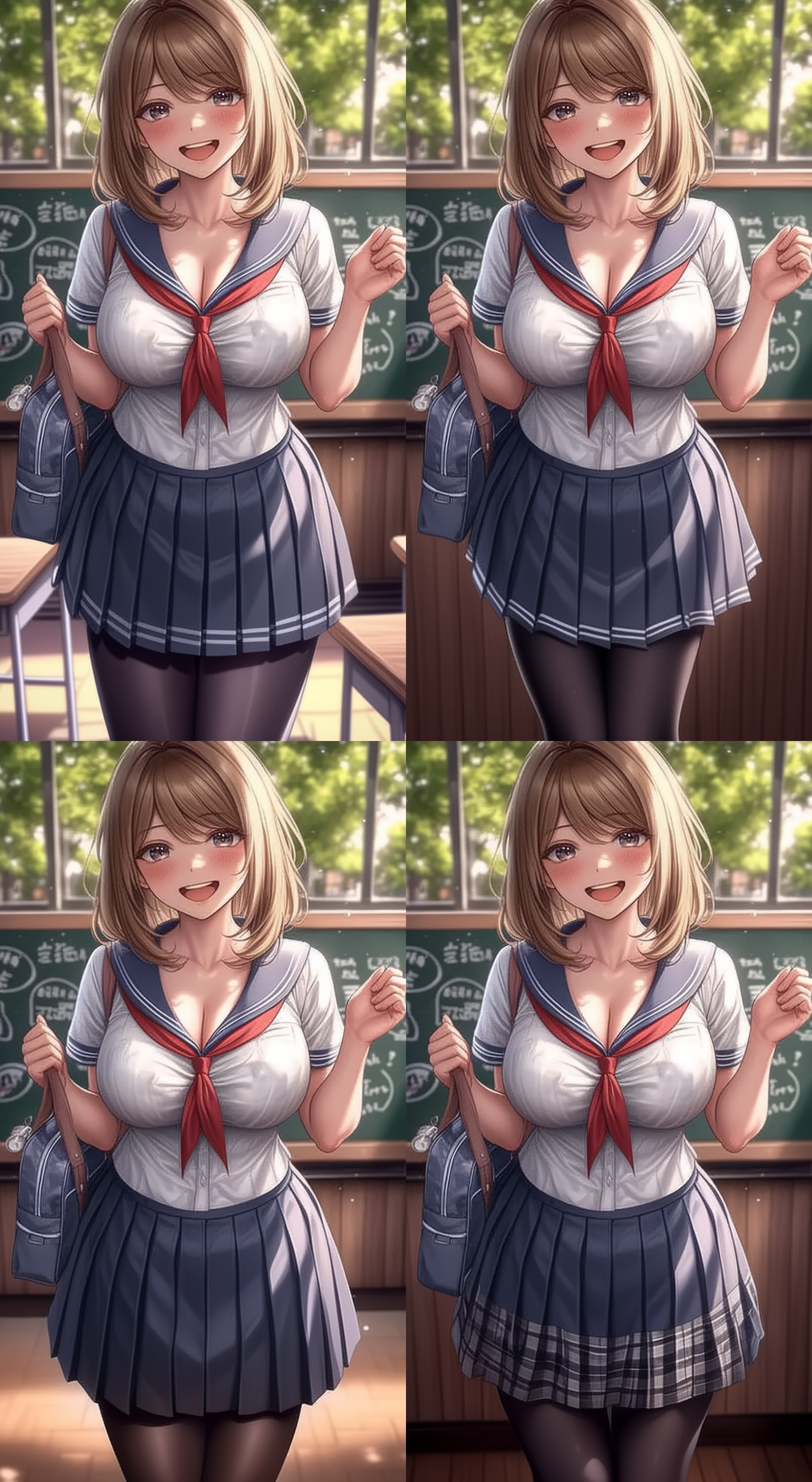 日式动漫风格，大小姐，冷美人，日式校服，百褶裙，黑色裤袜，木剑，校园夕阳，冷冽表情，丰腴高挑，黑色长发，落叶飞舞，逆光，高饱和度，广角镜头，动态模糊，冷色调，神秘感。