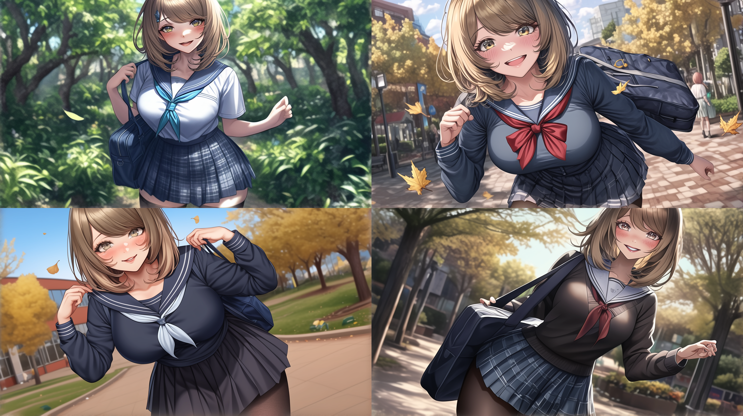 日式动漫风格，美少女，穿鞋日式校服，百褶裙，黑色裤袜，领着书包，刘海夹着可爱的发夹，校园背景，微笑看着前面，，丰腴高挑，黑色长发飘动，落叶飞舞，高饱和度，广角镜头，动态模糊，俯视 45 度镜头，半侧面。前景树枝，背景虚化。 没有多余的手指，没有多余手臂，没有扭曲的手，没扭曲的手臂，没有坏掉的手指