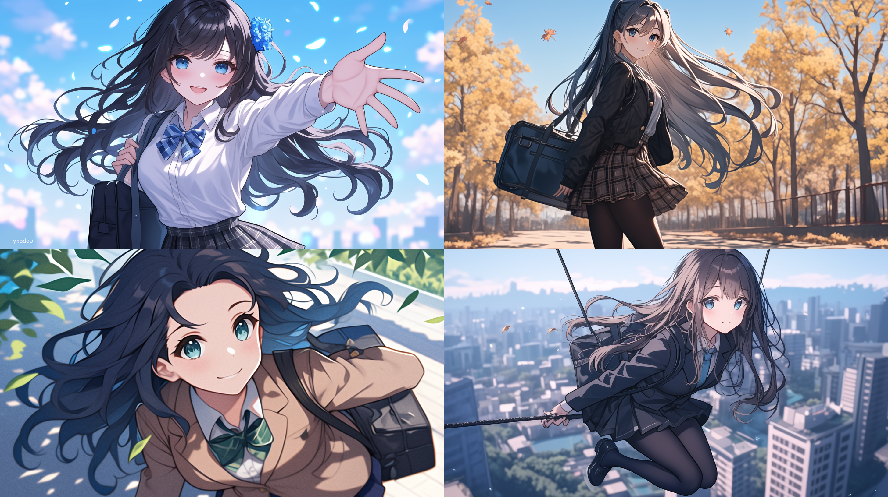 日式动漫风格，美少女，穿鞋日式校服，百褶裙，黑色裤袜，领着书包，刘海夹着可爱的发夹，校园背景，微笑看着前面，，丰腴高挑，黑色长发飘动，落叶飞舞，高饱和度，广角镜头，动态模糊，俯视 45 度镜头，半侧面。前景树枝，背景虚化。 没有多余的手指，没有多余手臂，没有扭曲的手，没扭曲的手臂，没有坏掉的手指