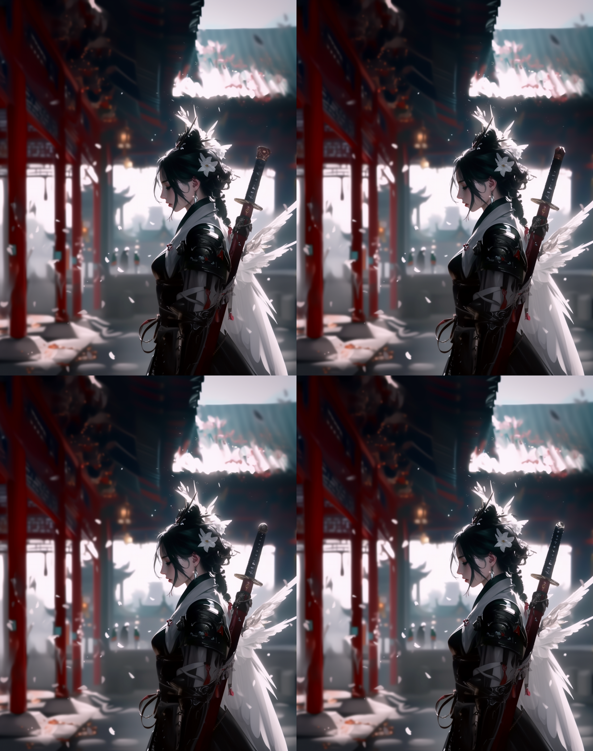 动漫 cg 风格， 美女，修仙，白衣，凶狠的眼神，战神，曲线优美，五官精致，侧面 35 度 镜头，腰部以上，中国风，透光汉服，少量铠甲饰品，华丽饰品，背着一把剑，站在长安街，细节丰富，柔和光线，不要虚化，室外环境，暖色调，优雅姿态，传统元素，现代审美，没有多余的手指，没有多余手臂，没有扭曲的手，没扭曲的手臂，没有坏掉的手指，没有扭曲的手指，没有奇怪的手指，没有缺少手，没有缺少的手指，合理的捏住细的东西的手指，合理的握住圆柱形的东西的手指。