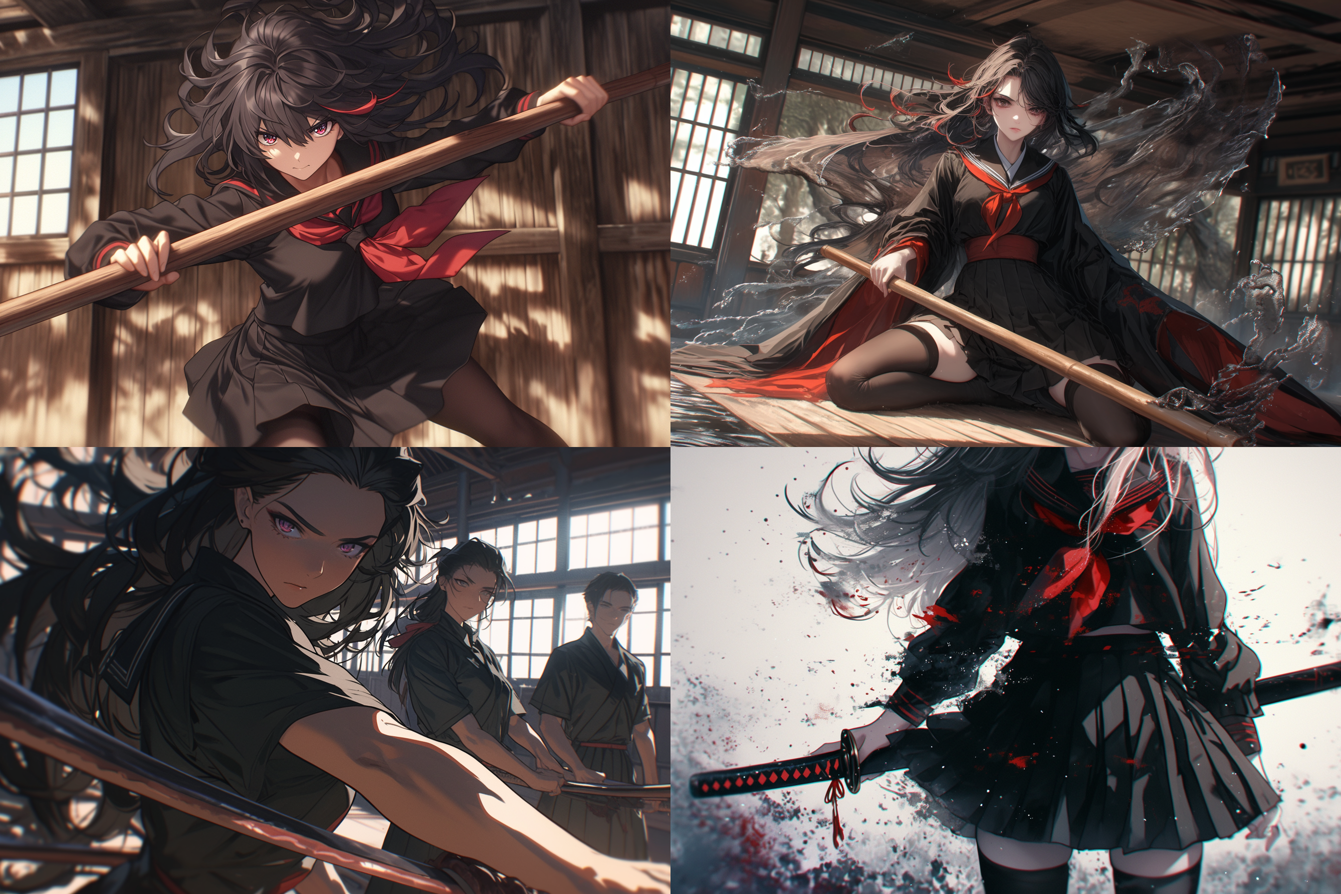 日式动漫风格，美人，日式校服，百褶裙，黑色，丝袜，高挑身材，黑色长发，波浪卷，手持木剑，剑道管内，目光凌厉，一步跨出，拔剑，逆光，高饱和度，迎角镜头，动态模糊，冷色调，神秘感，大长腿，没有多余的手指，没有多余手臂，没有扭曲的手，没扭曲的手臂，没有坏掉的手指，没有扭曲的手指，合理的捏住细的东西的手指，合理的握住圆柱型东西的手指，符合人体正的手臂，符合人体正确方向的手臂，符合人体正确方向的手指