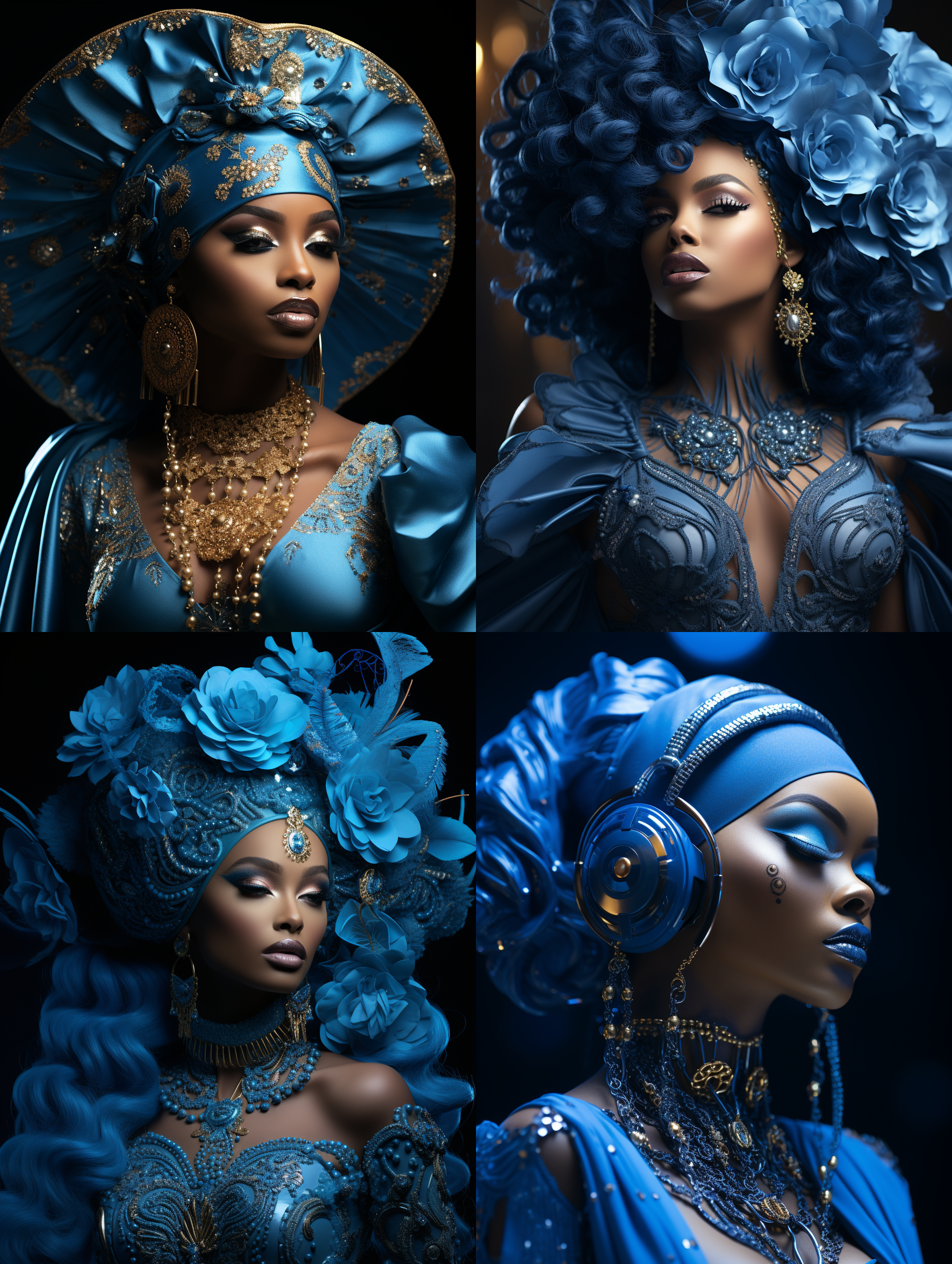 一位美丽的蓝发9号黑人女流行歌手，全蓝色时尚的未来主义服装，巨大的头饰中心，干净的妆容，景深，梦幻前卫和帝王主题的服装，以生动的色彩捕捉，体现了幻想、极简主义、电影纹理的精髓，