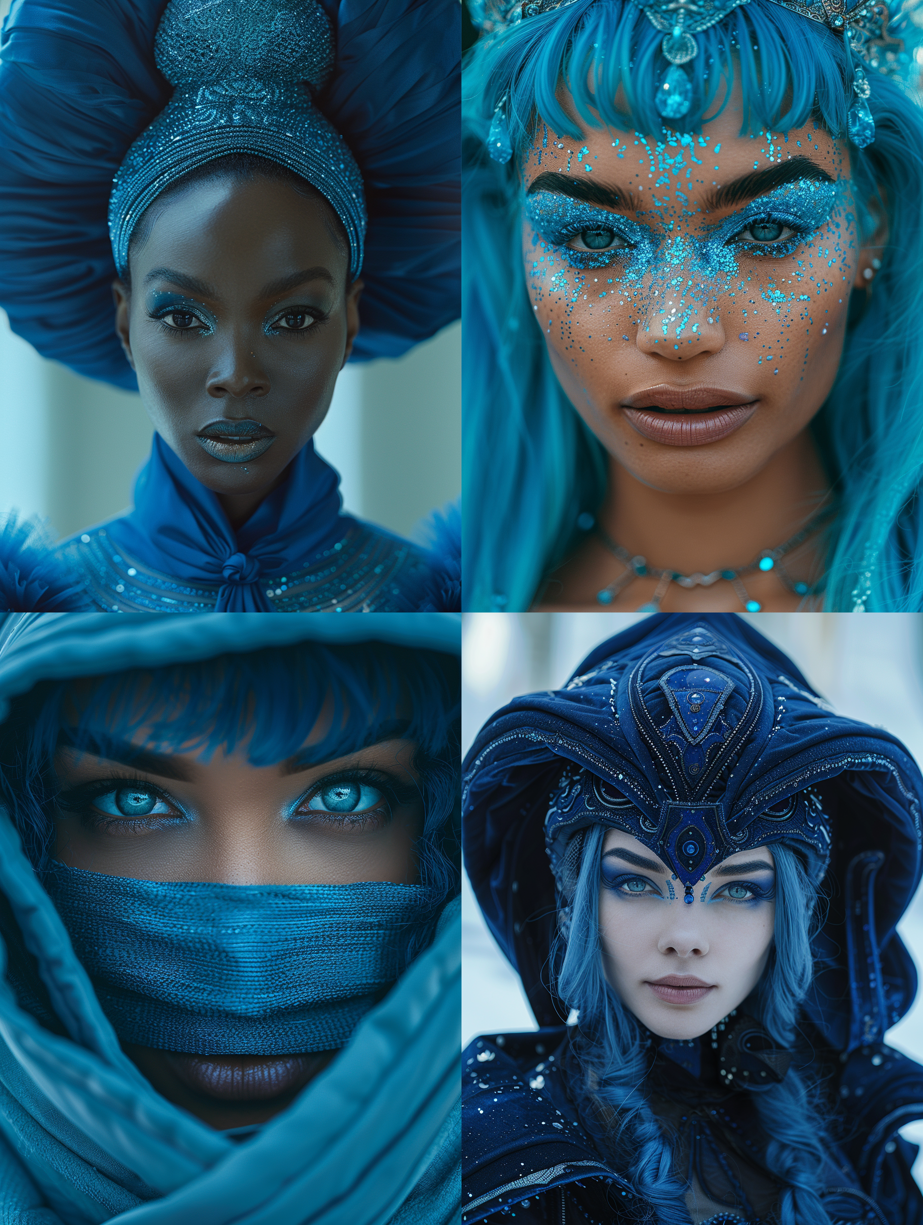 一位美丽的蓝发9号黑人女流行歌手，全蓝色时尚的未来主义服装，巨大的头饰中心，干净的妆容，景深，梦幻前卫和帝王主题的服装，以生动的色彩捕捉，体现了幻想、极简主义、电影纹理的精髓，