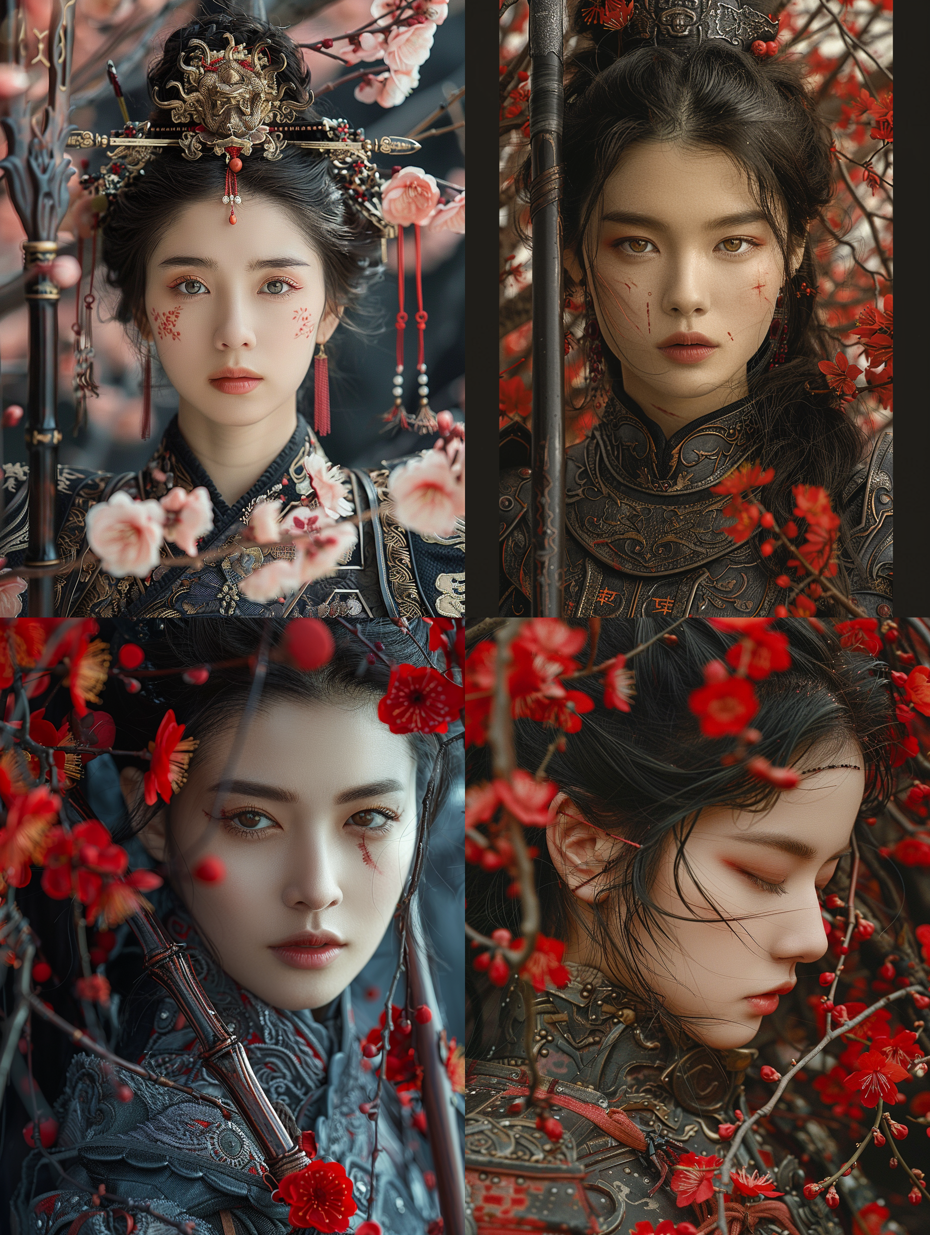 杰作，最佳质量，微光照片，这种风格是超细节和超现实的，强调皮肤的细腻光泽。时尚照片，中国古代女武士将军，少女的美丽被铠甲围绕，战斗姿势，半身像，红樱长枪，部队士兵，工程美容，杰作，最好的质量，超详细，简单的黑色背景，图像应该具有电影般的构图，以高清晰度和分辨率捕捉复杂的细节，模仿蒂姆·沃克用哈苏h6d-400c相机拍摄的照片。荒原世界，